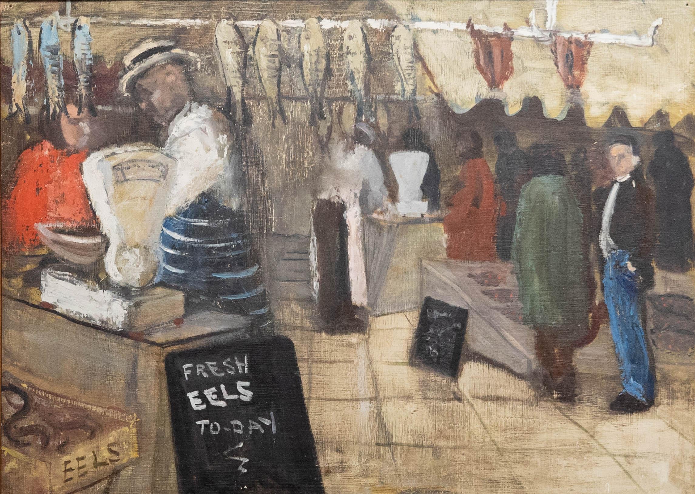 Edna S. Rose  - Olio del 1947, anguille fresche al mercato del pesce - Painting di Unknown