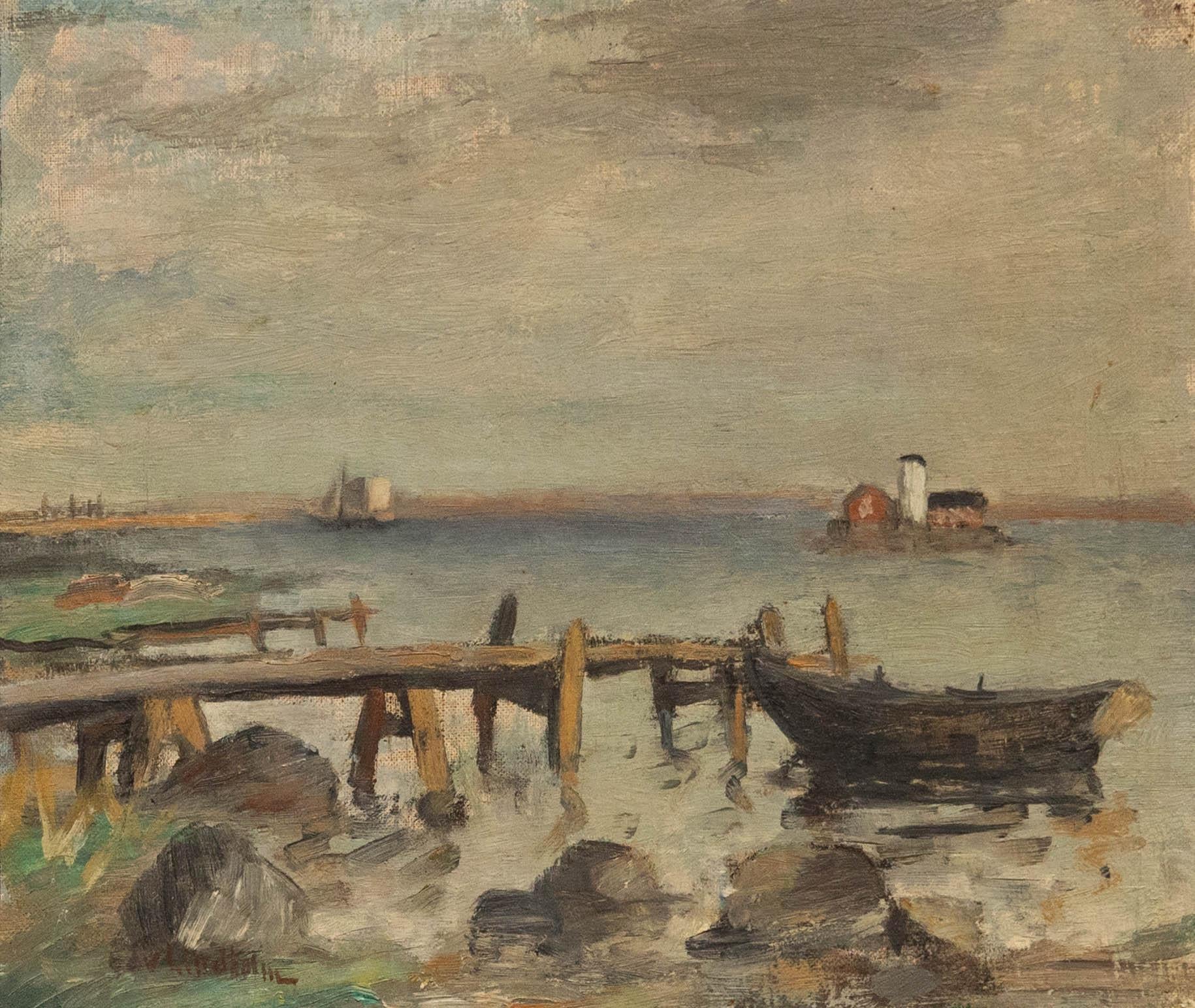Edvin Lindhom Houge - Öl aus dem frühen 20. Jahrhundert, The Little Wooden Jetty – Painting von Unknown
