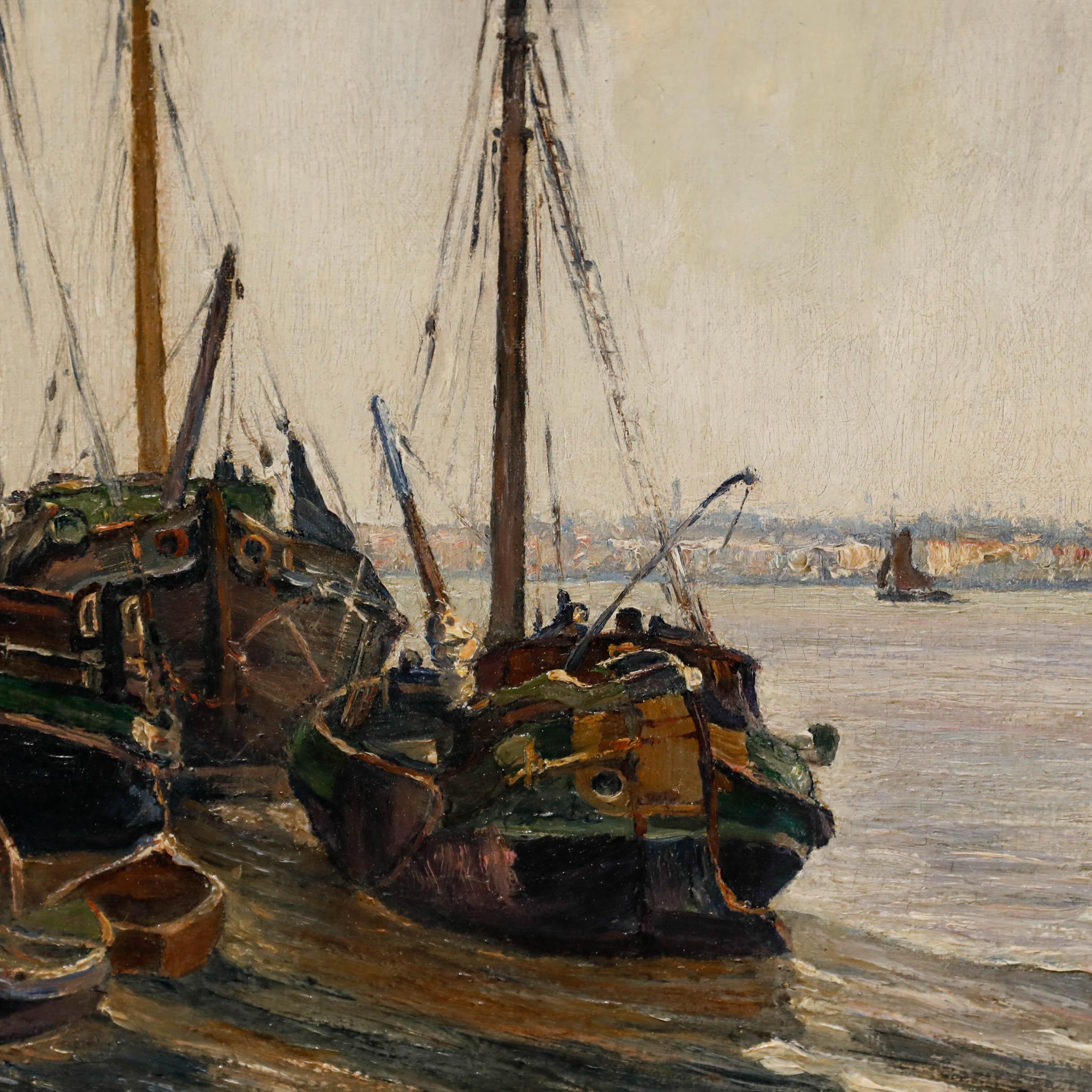 An original landscape painting by the Dutch artist Edward de Looz-Block. Leeboard barges on a broad river, probably the Schelde. Signed to the lower right. Well presented in a decorative wooden frame with fluted cove and acanthus ornamentation at
