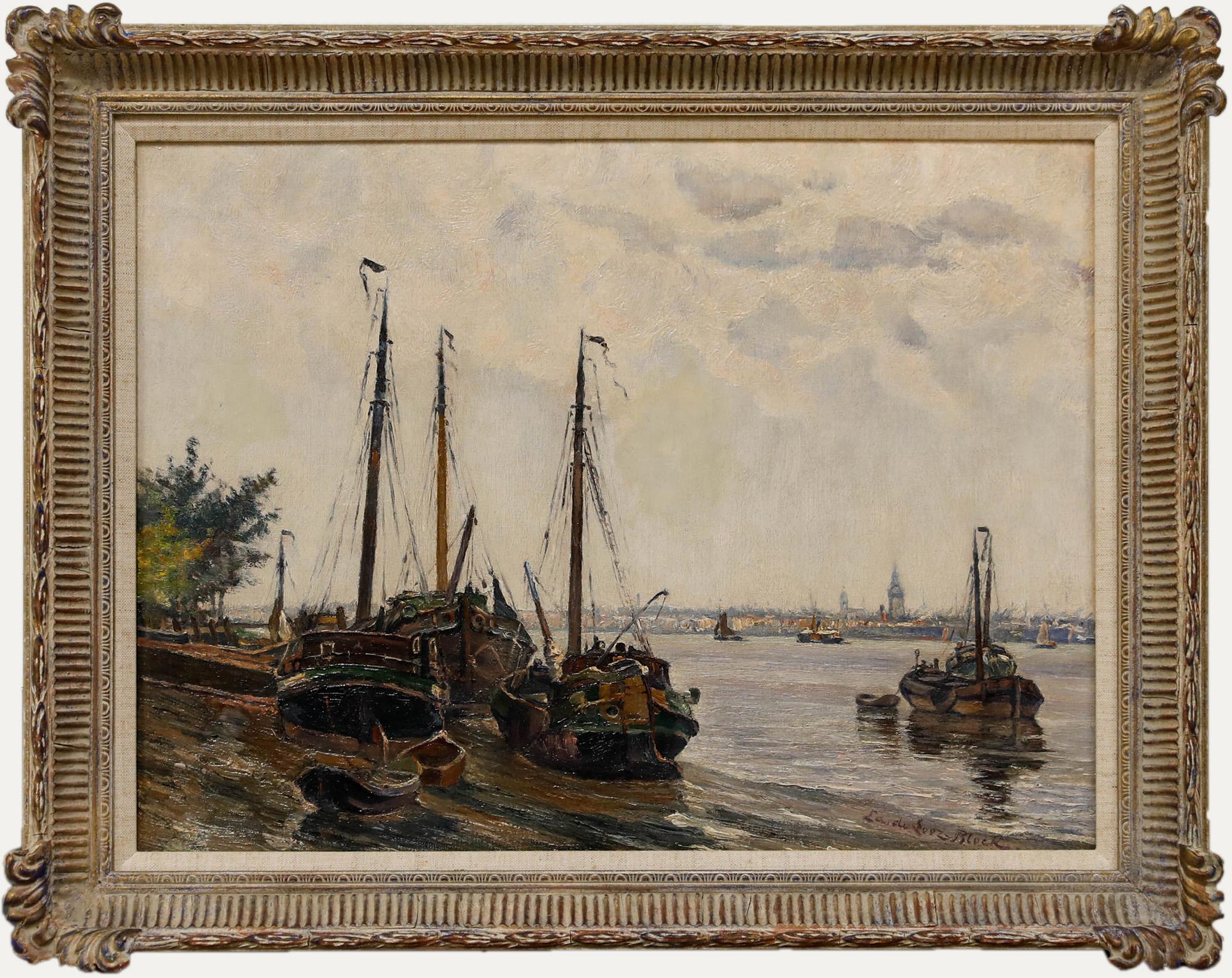 Unknown Landscape Painting - Edward de Looz-Block - Late 19th Century Oil, Leeboard Barges