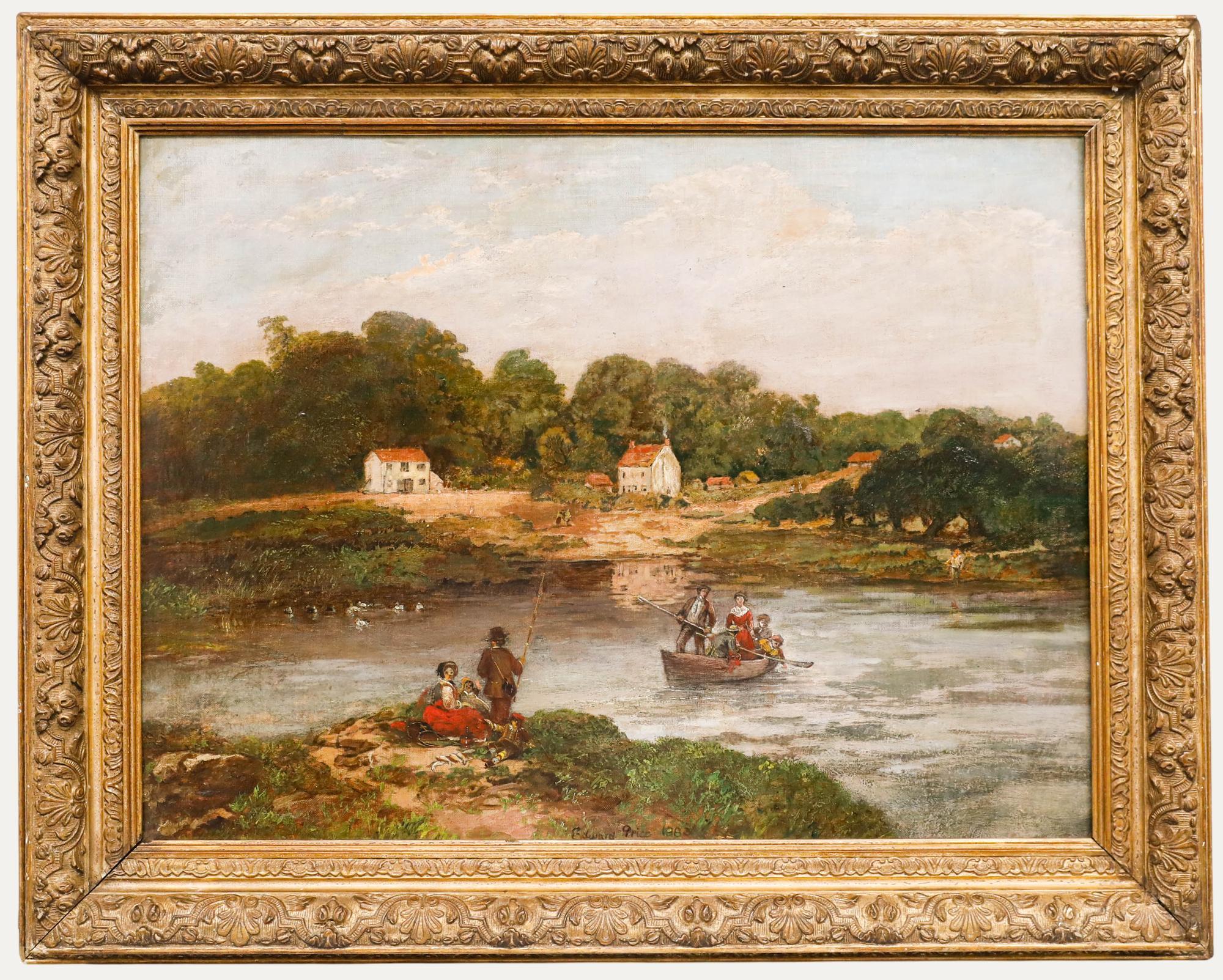 Unknown Landscape Painting - Edward Price (1800-1885) - 1883 Oil, The River Crossing