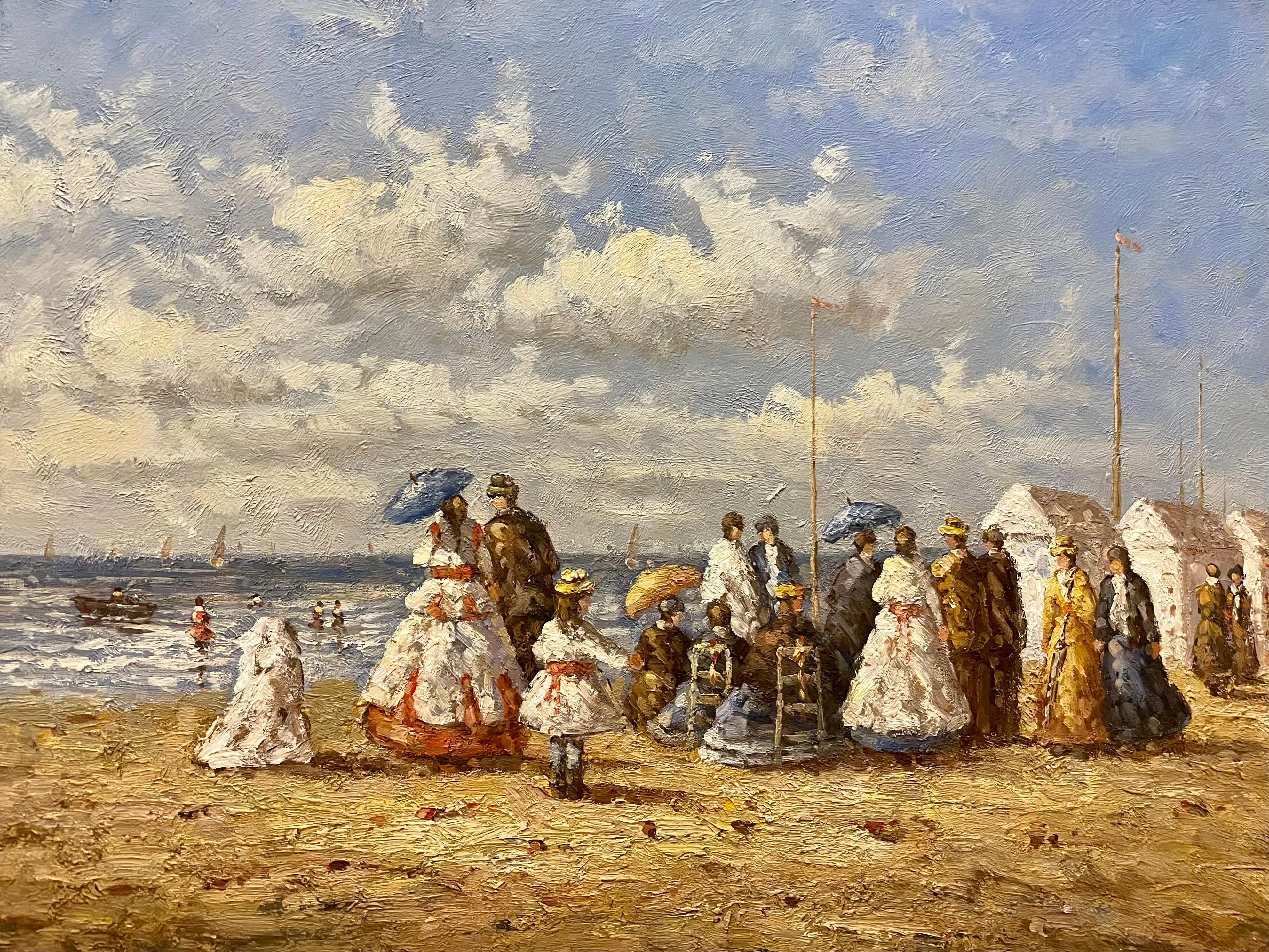 Huile sur toile britannique du 20e siècle, scène de plage édouardienne - Painting de Unknown