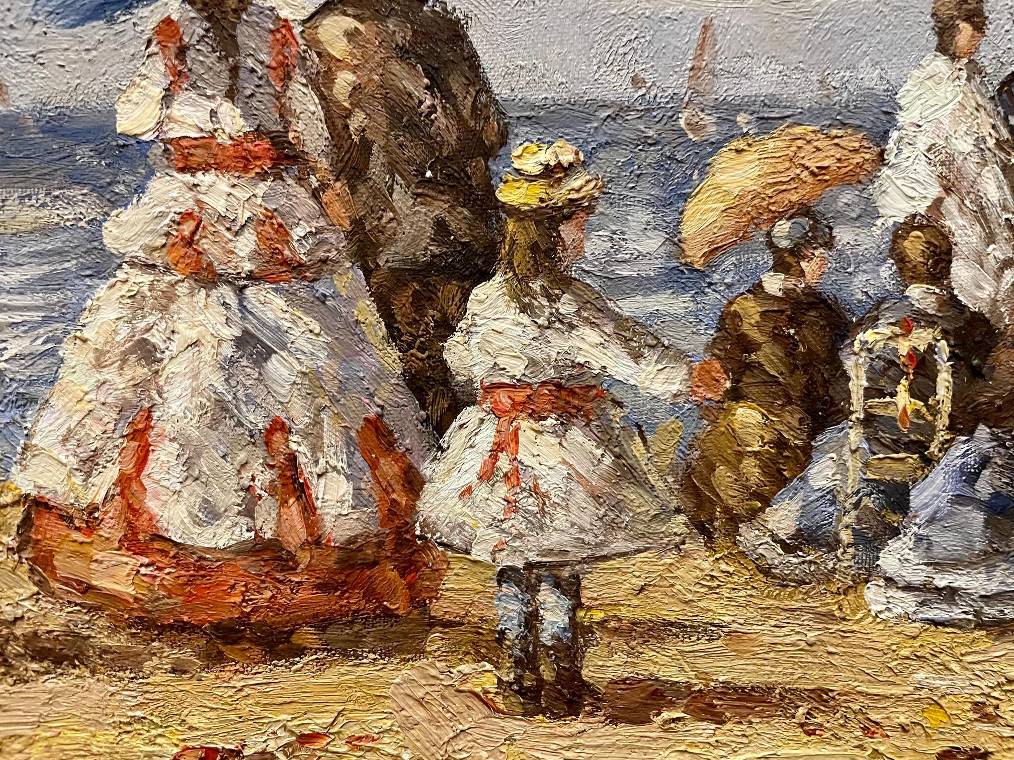 Huile sur toile britannique du 20e siècle, scène de plage édouardienne - Impressionnisme Painting par Unknown