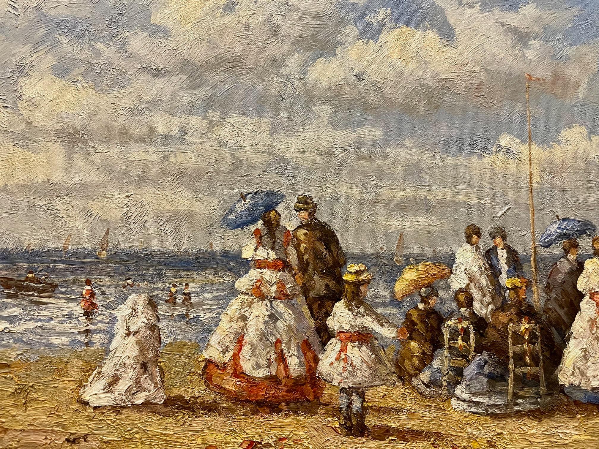 Richly-colored and vibrant Edwardian Beach Scene, British oil painting on canvas in impressionist style, presented in contemporary gold frame. The oil paint is raised and textured, lifting the beach sands, sea, sky and dresses from the canvas.