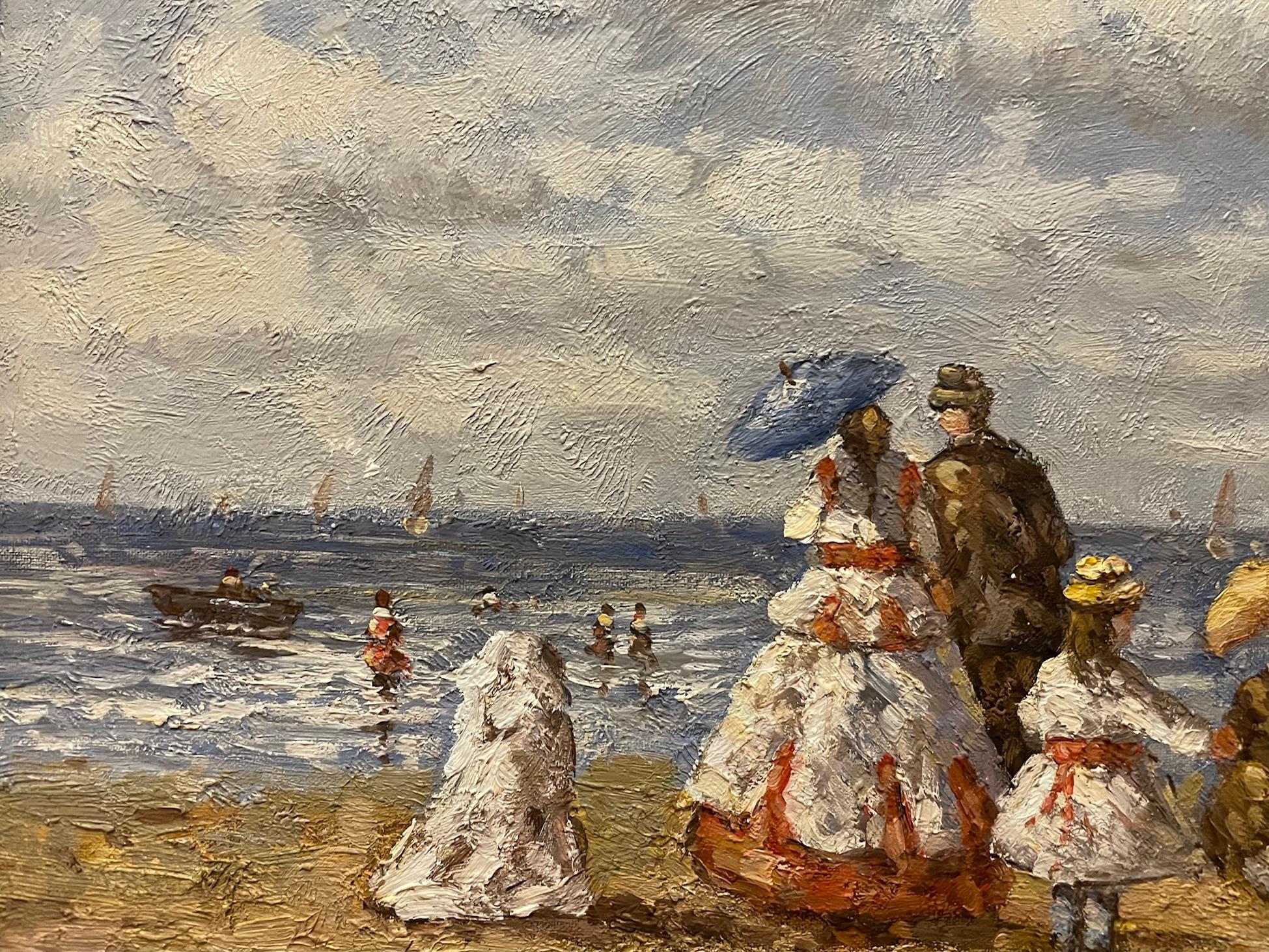Huile sur toile britannique du 20e siècle, scène de plage édouardienne en vente 1