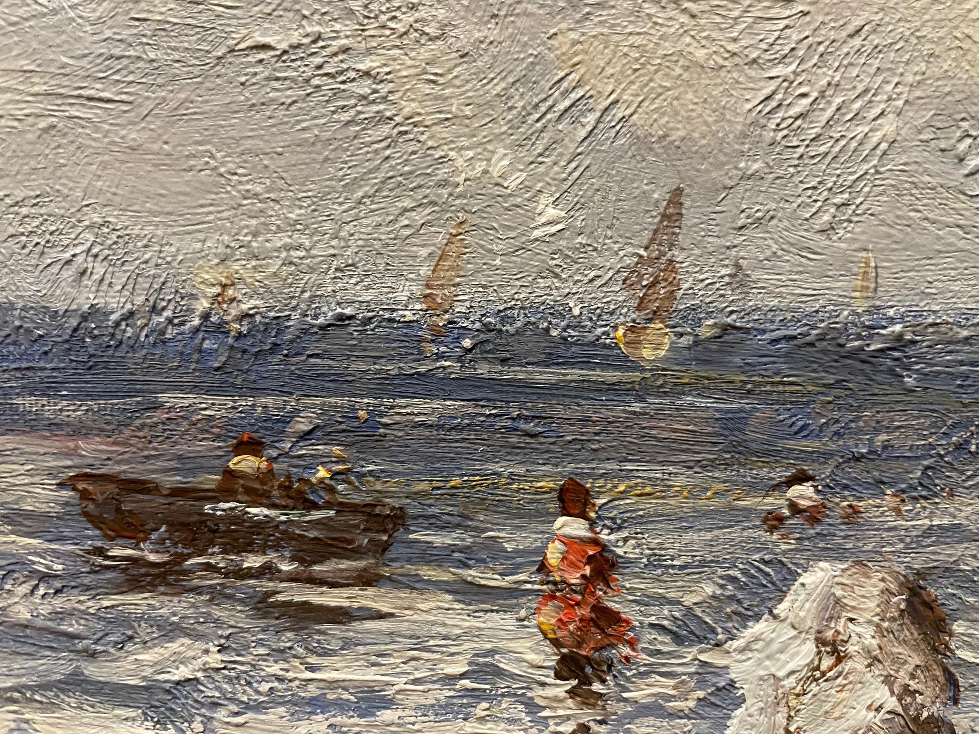 Edwardian Beach Scene, British 20th century oil on canvas For Sale 5