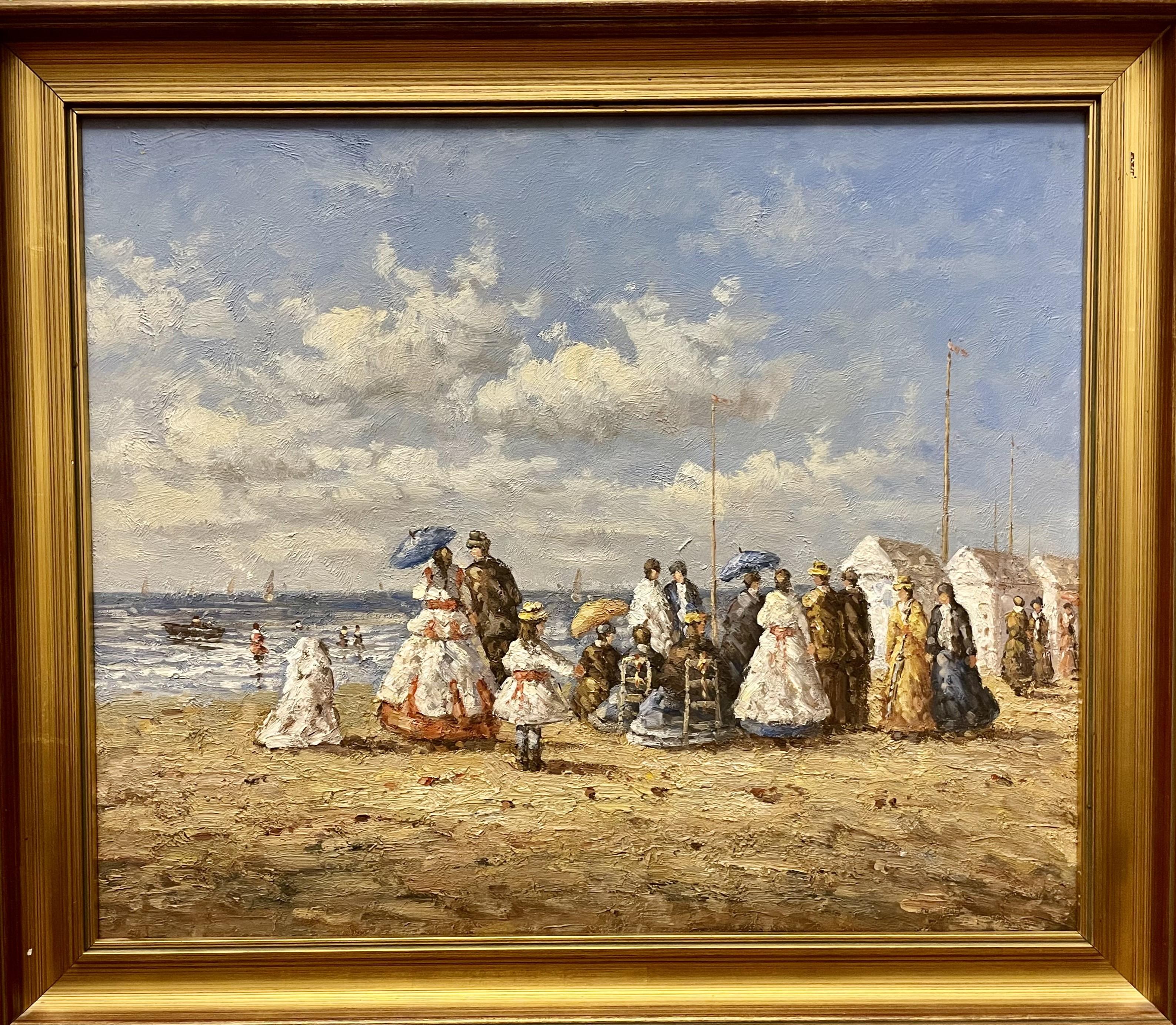 Huile sur toile britannique du 20e siècle, scène de plage édouardienne