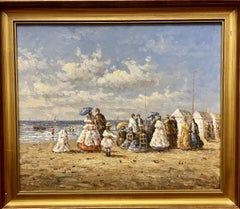 Vintage Edwardian Beach Scene, British 20th century oil on canvas