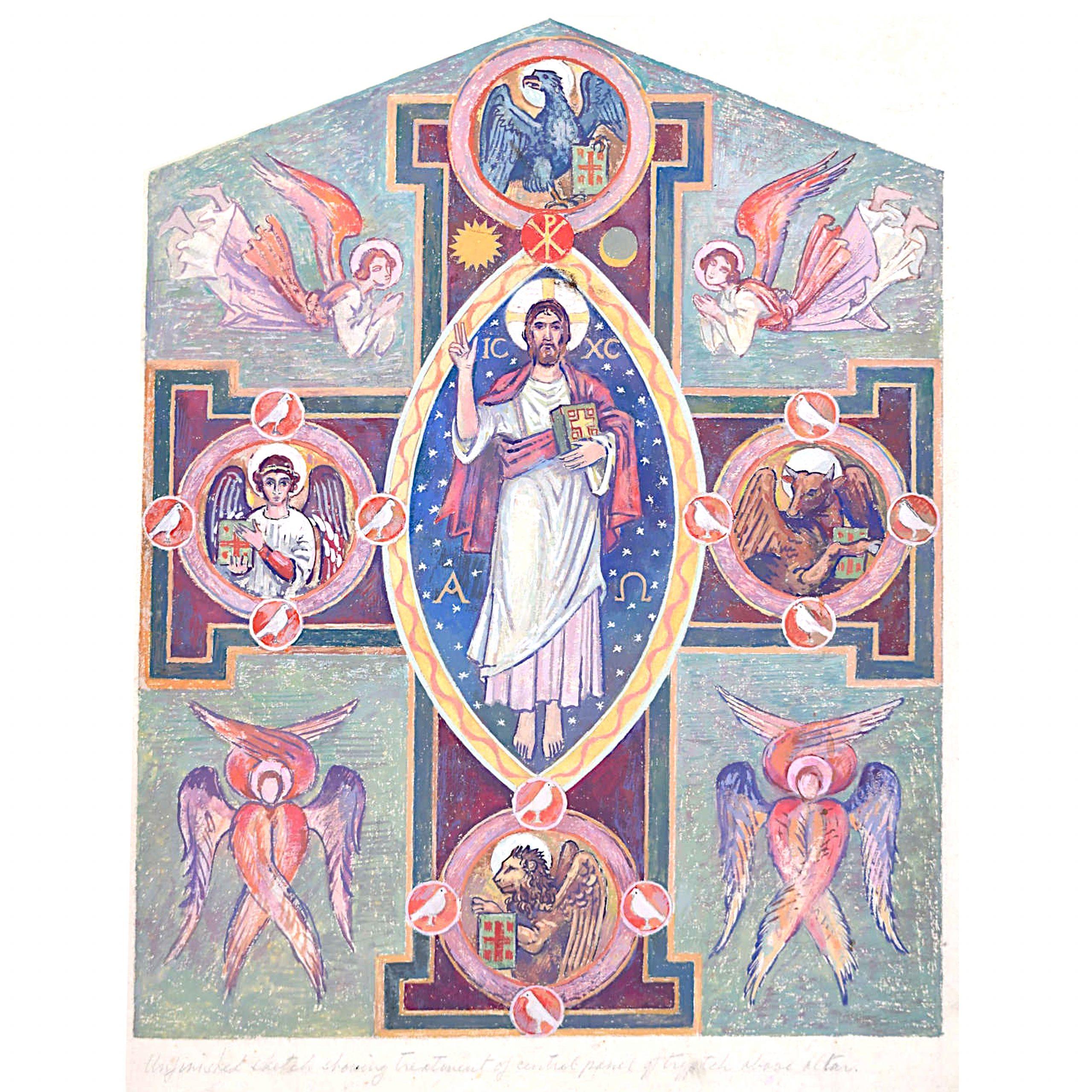 Art déco, Edwardianisches kirchliches Gouache-Design für Tripytch über dem Altar, um 1920