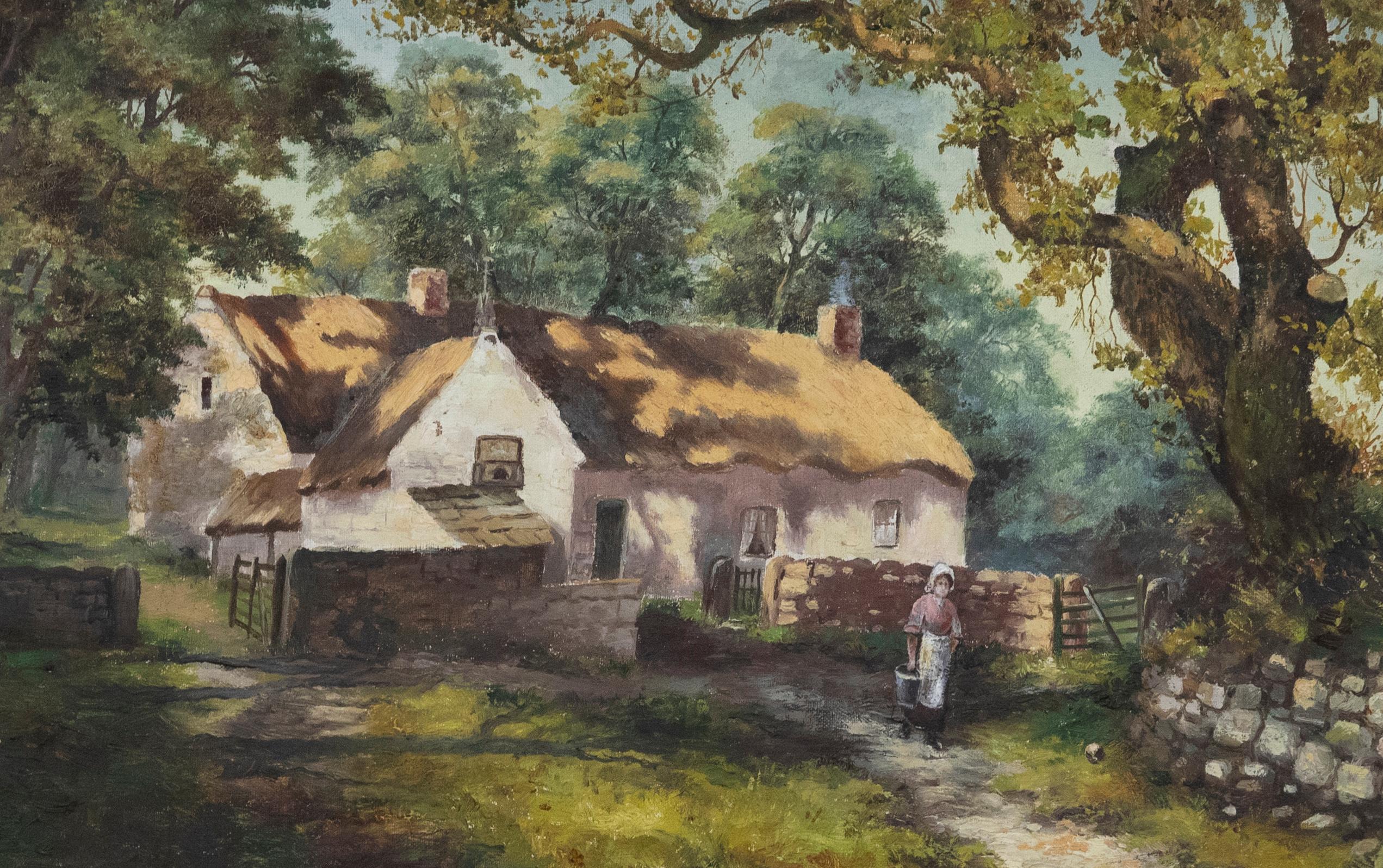 Edwardian Oil - Morning at the Cottage - Painting by Unknown
