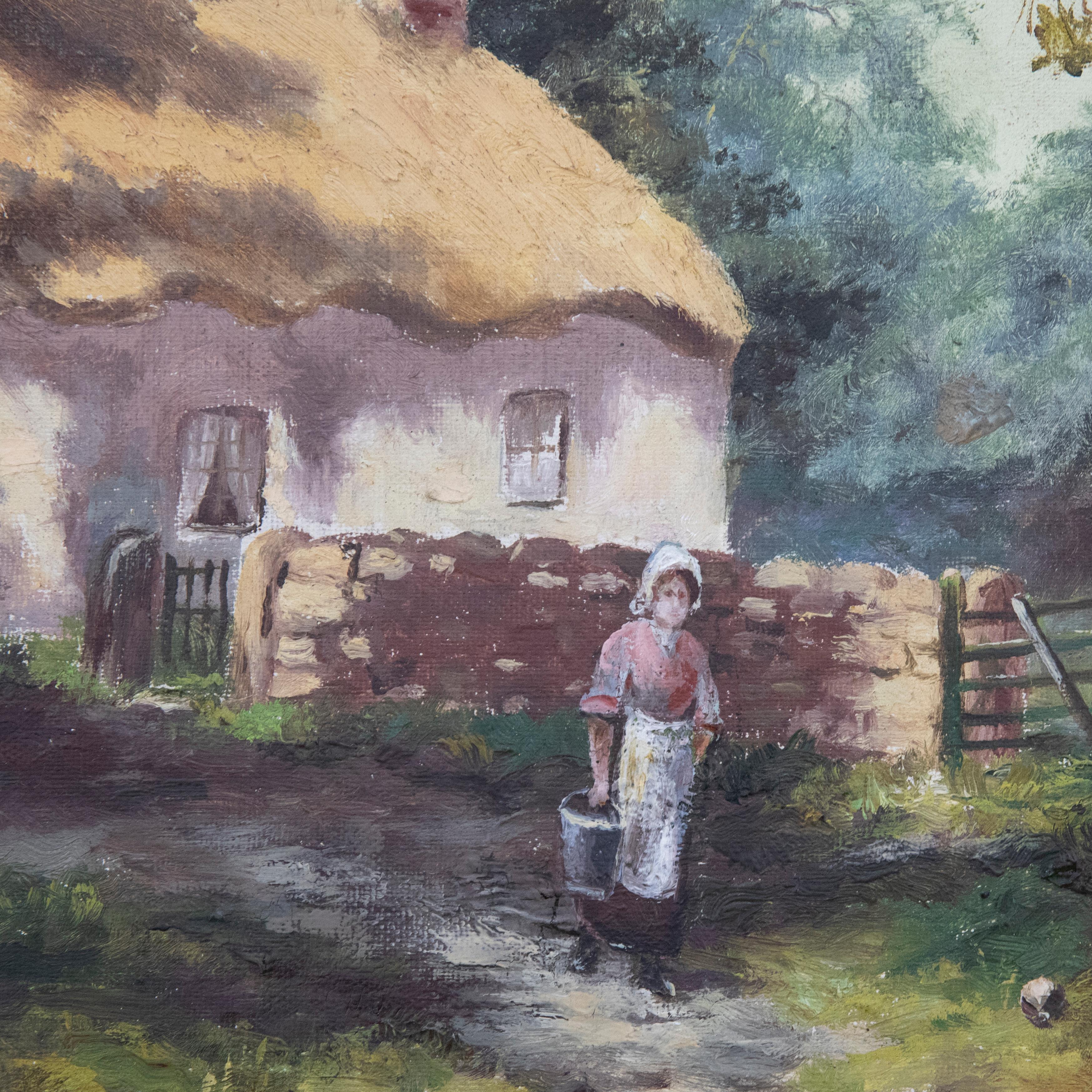 A charming turn-of-the-century oil scene depicting a woman leaving a thatched cottage with a pail in hand. The artist captures the dappled morning light on the roof of the cottage, shine in the overarching trees. Unsigned. Presented in a gilt frame
