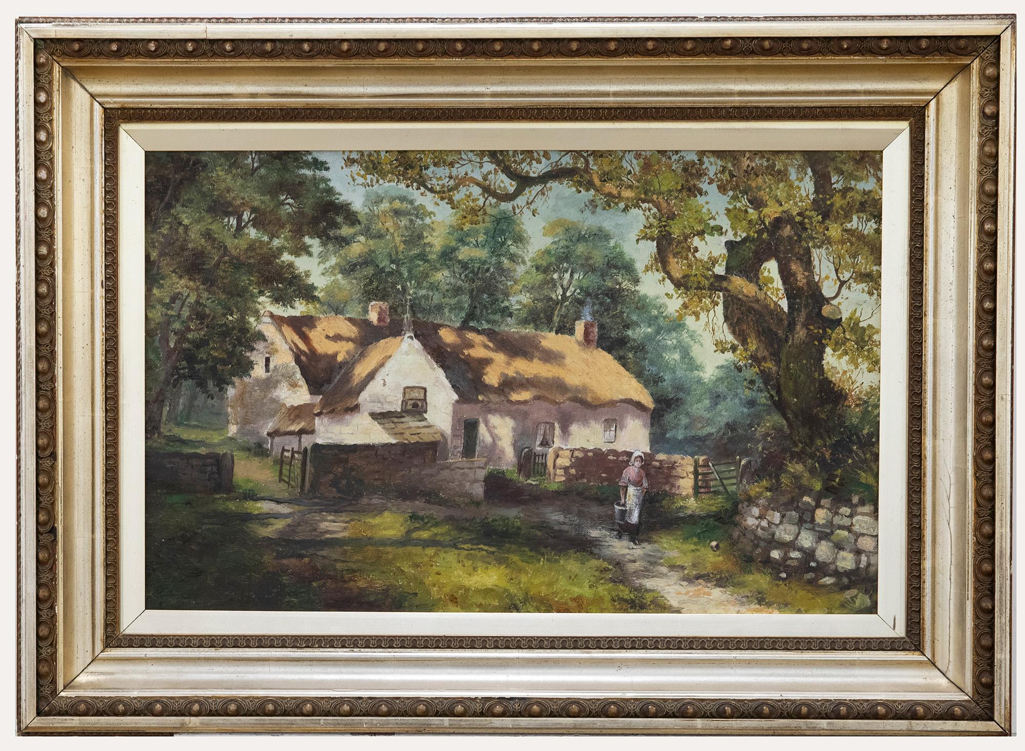 Unknown Landscape Painting - Edwardian Oil - Morning at the Cottage