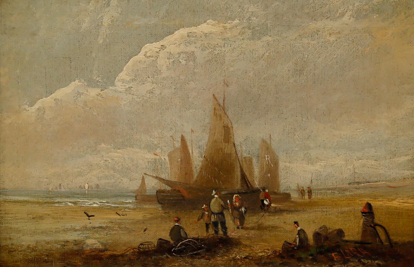 Edwina W. Lara (fl.1850-1882) - Huile encadrée, Fisherfolk at the Beach - Painting de Unknown