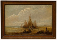 Edwina W. LARAS (1850-1882) - Olio incorniciato, Pescatori sulla spiaggia