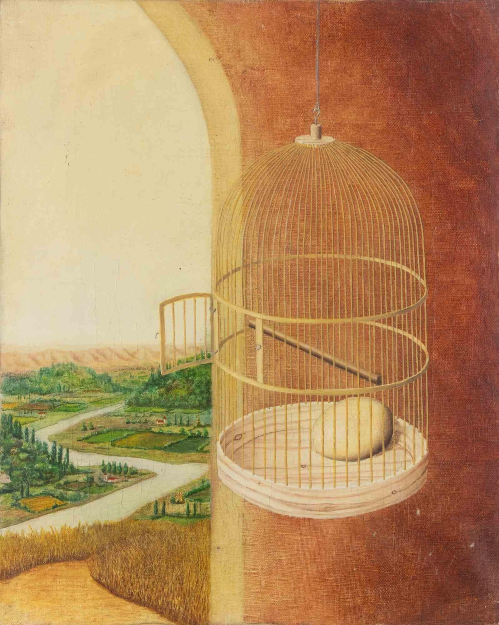 Egg in the Cage, Surrealist Oil Painting, Signed, 1983, 50x40 cm