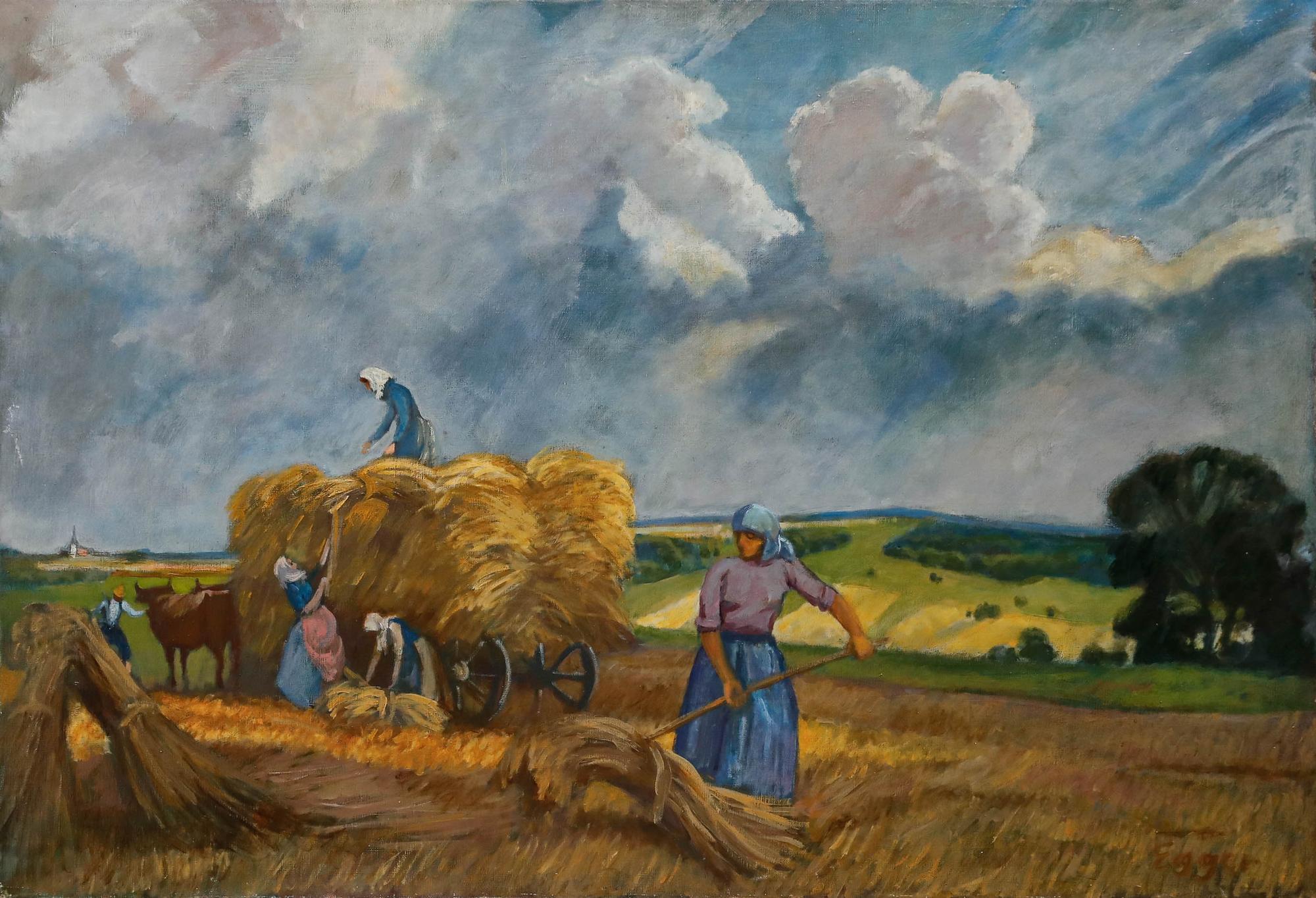 Egger - Zeitgenössisches Öl, Heuernte – Painting von Unknown