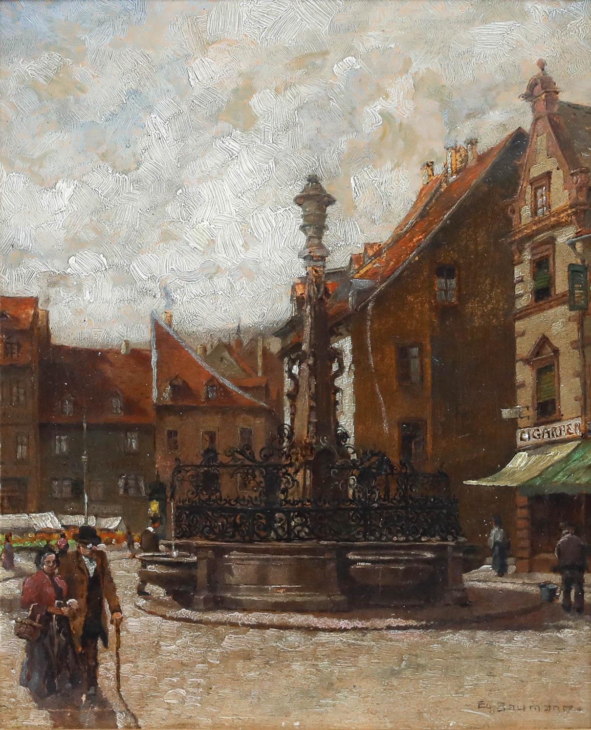 Egon Baumann - Huile encadrée du début du 20e siècle, St. Johanner Markt - Painting de Unknown