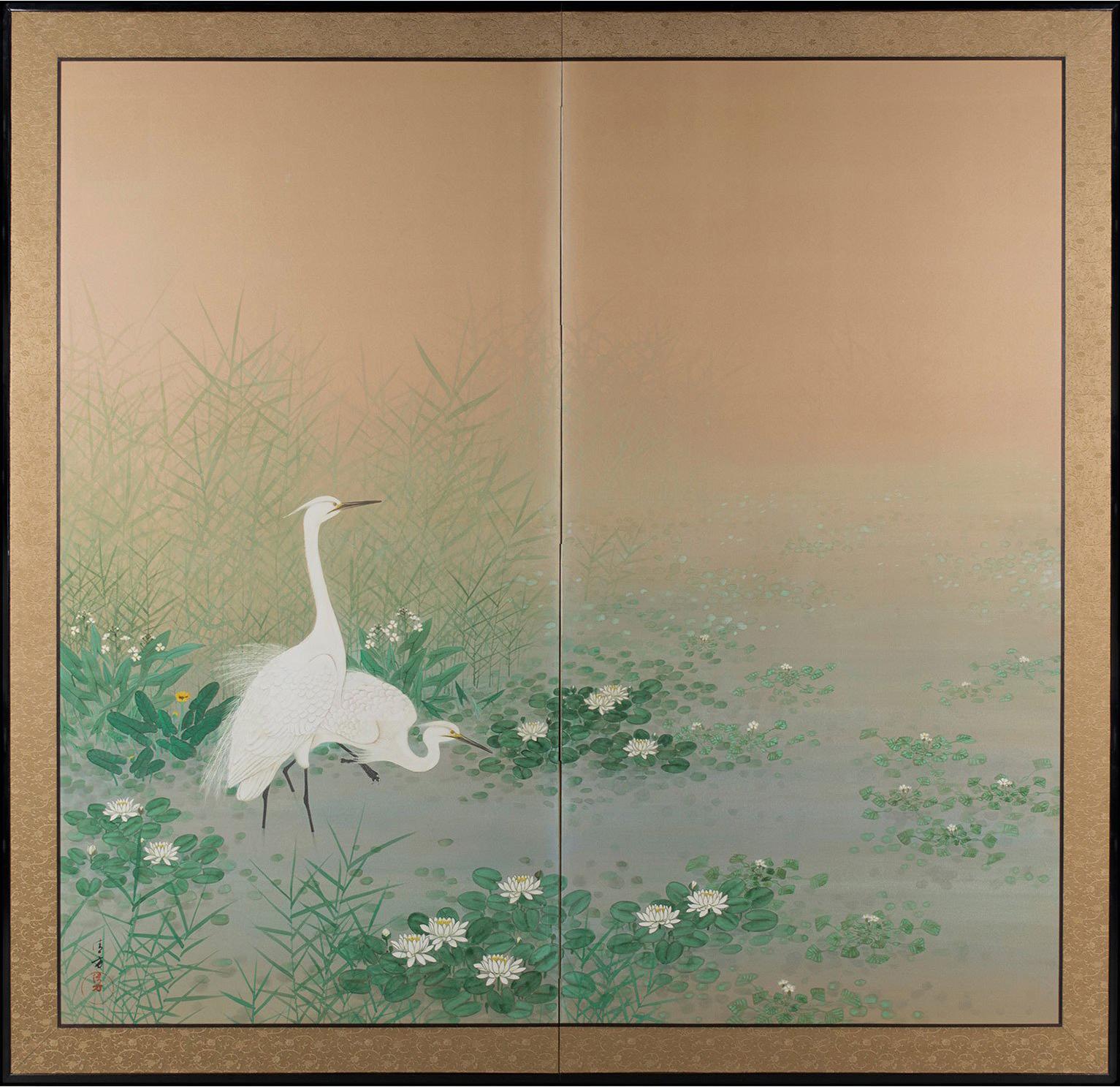 Unknown Animal Art - "Egrets Among Lotuses" Japanese Byobu Screen