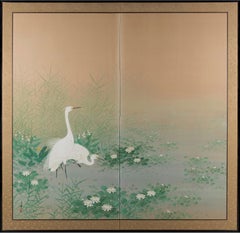 Antique "Egrets Among Lotuses" Japanese Byobu Screen