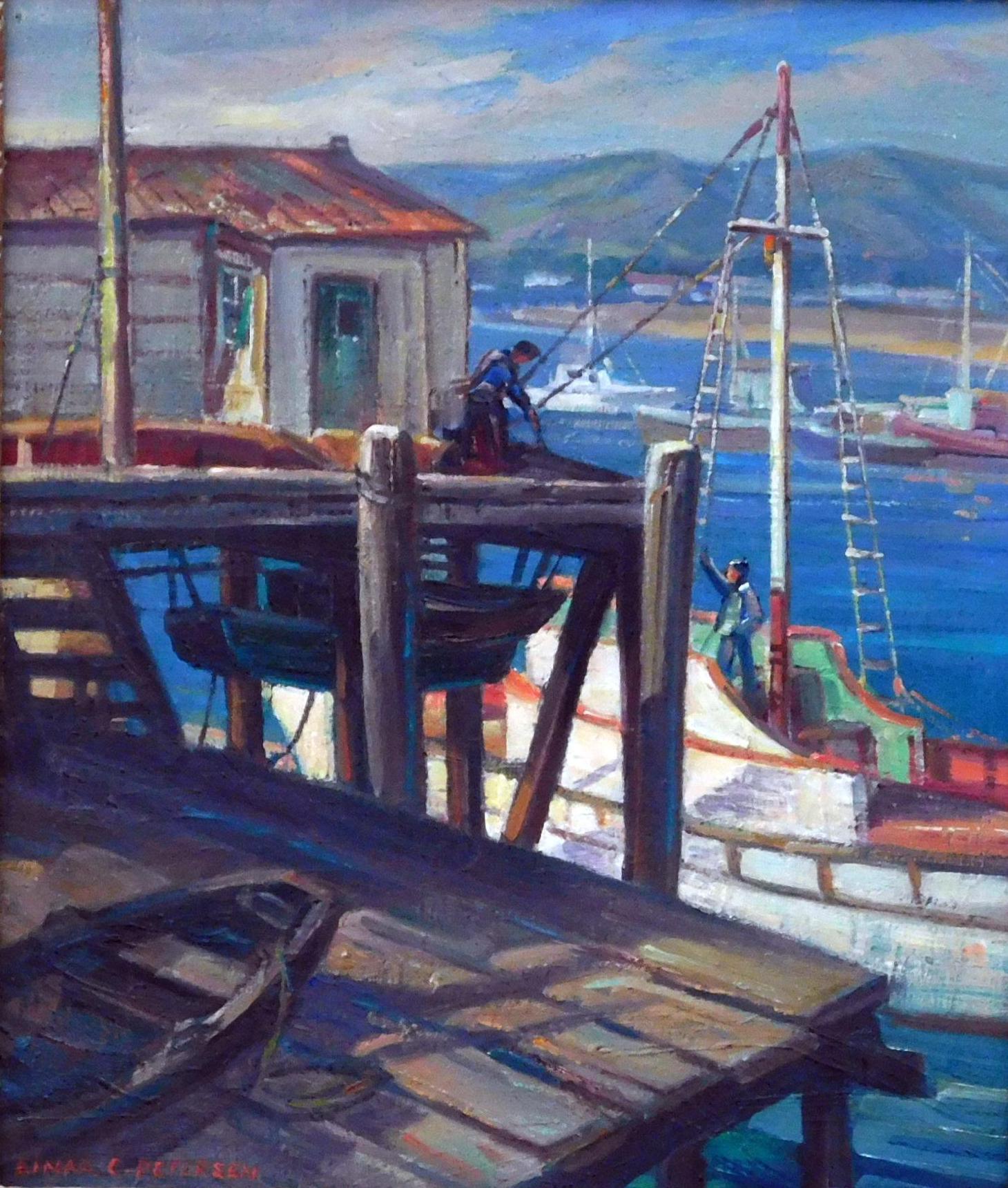Well executed oil on canvas by Danish-American artist Einar Petersen (1895-1986)
This dock scene titled “Monterrey Harbor” is in excellent condition.
It measures 22 x 19 inches and is signed lower left. It is also signed & titled on the verso.
The