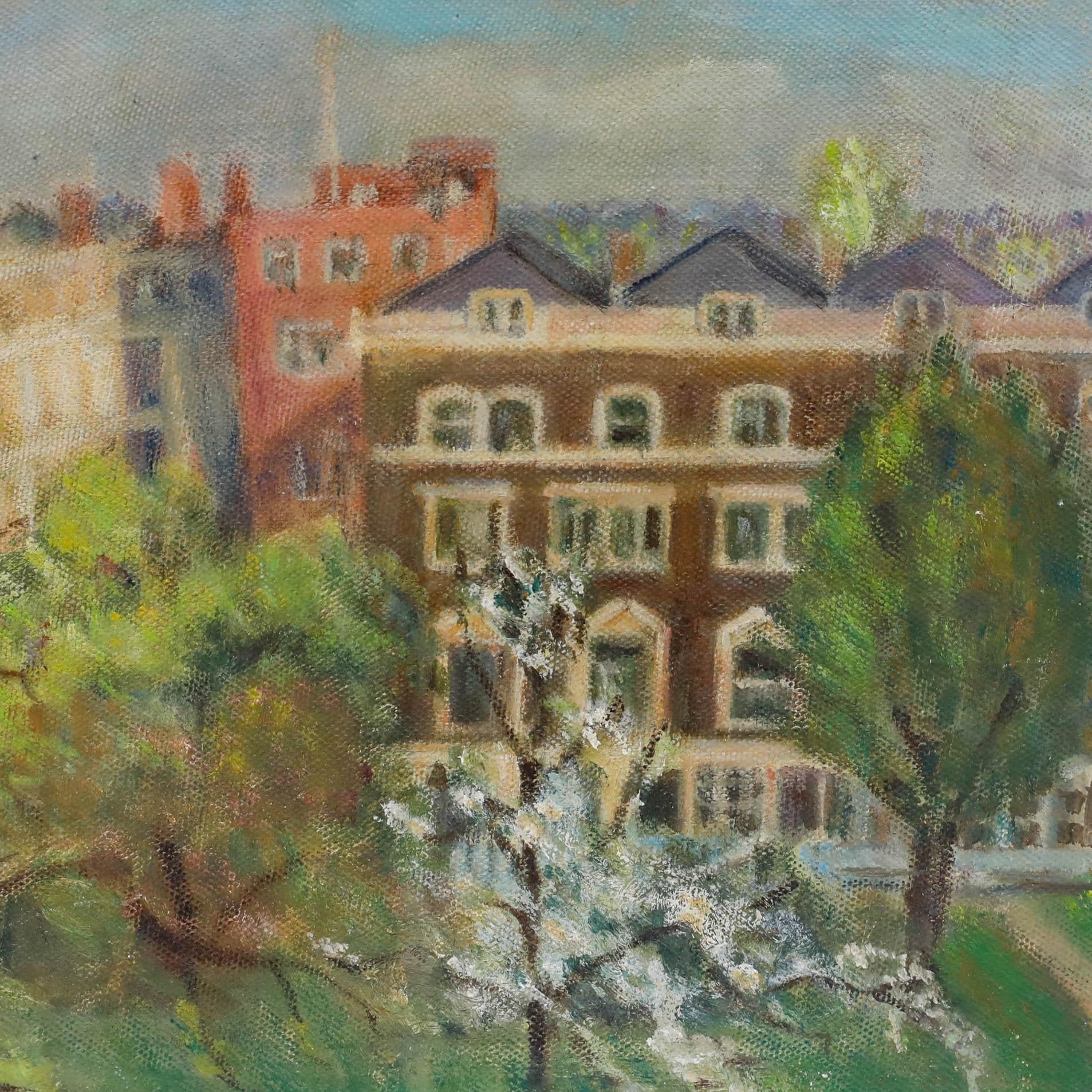 A charming artwork by the artist Elaine Blamey (formerly Elaine Lewis), depicting a view of Onslow Gardens, London. Unsigned. Original gallery label verso. On canvas board. 