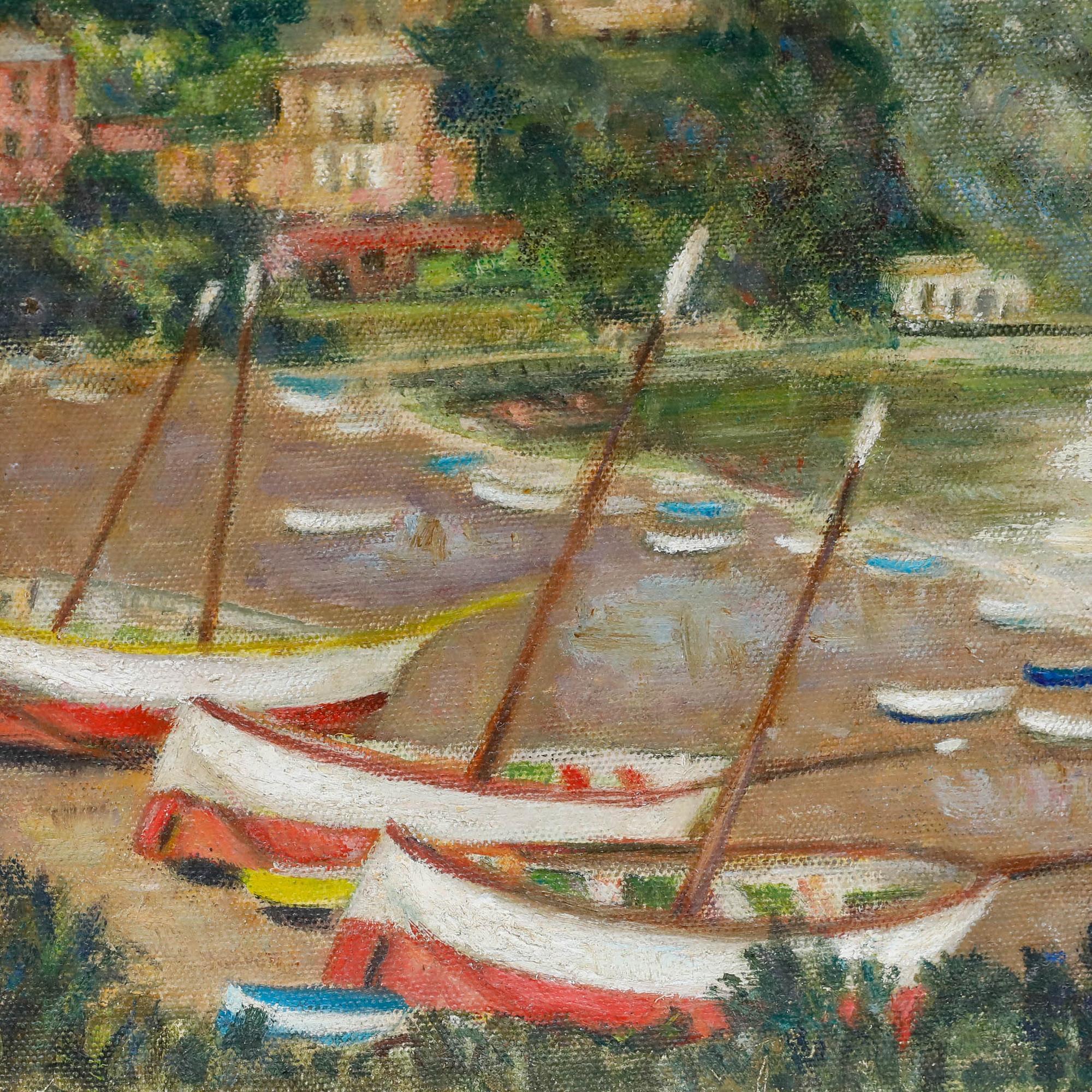 A charming artwork by the artist Elaine Blamey (formerly Elaine Lewis), depicting a peaceful beach in Sestri Levante, on a rainy morning. Unsigned. Original gallery label verso. On canvas board. 
