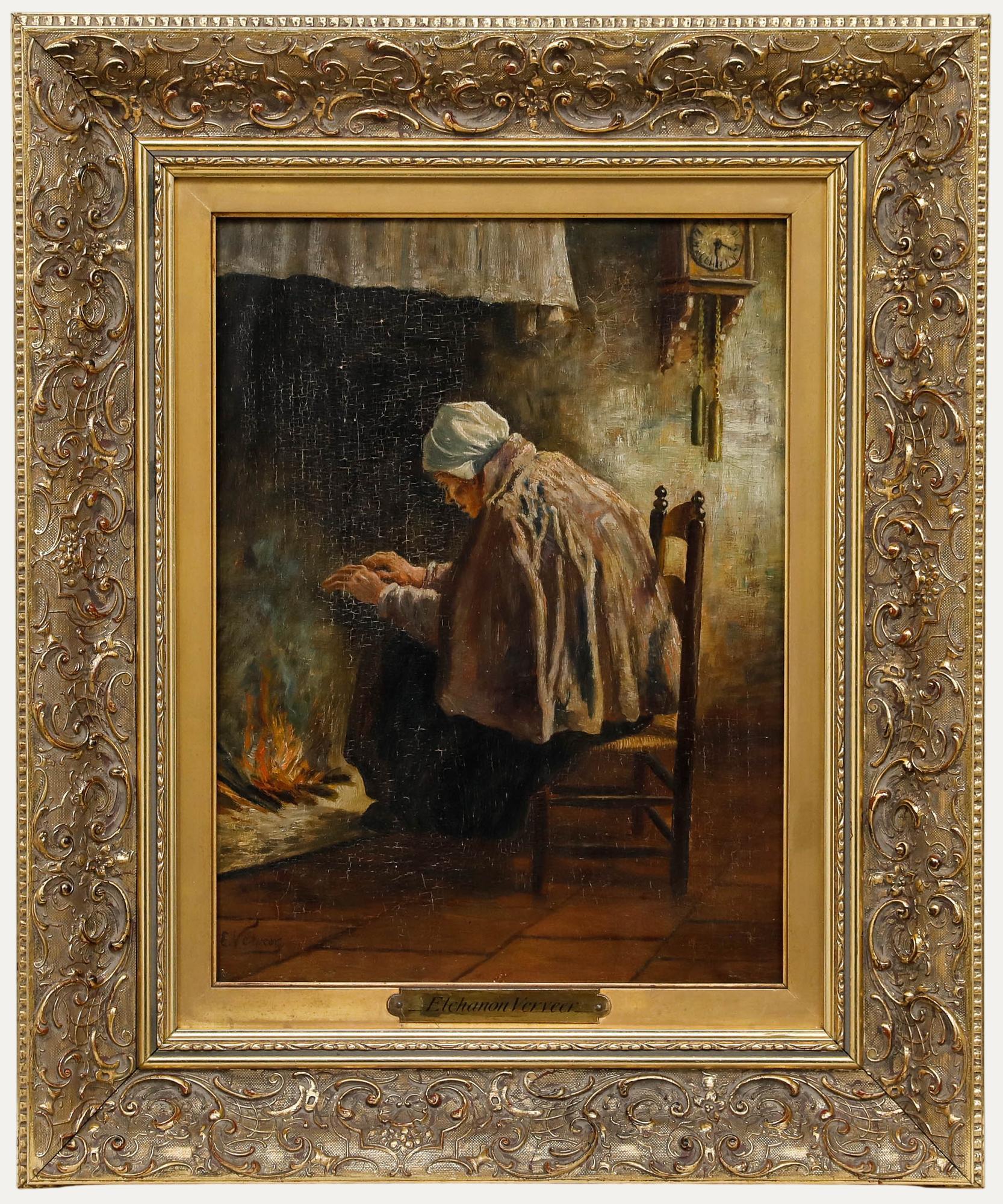 Unknown Figurative Painting - Elchanon Leonardus Verveer (1826-1900) - Dutch School Oil, By the Fire