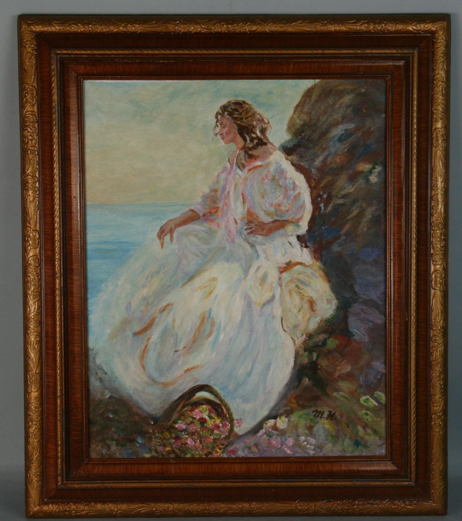 Unknown Figurative Painting - Elegant Female Portrait by the Sea