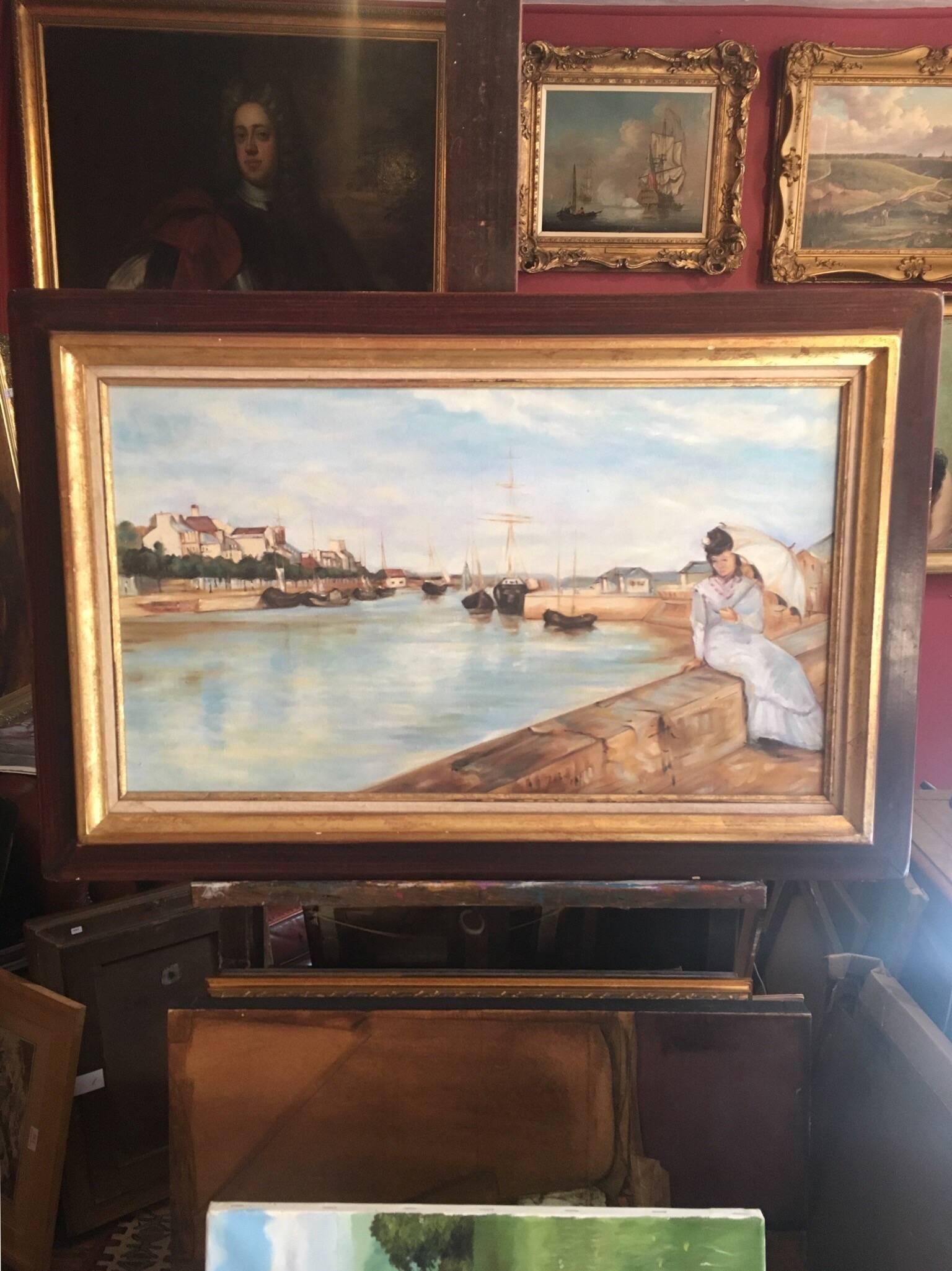 Elegant Lady by French River, Large Oil - Painting by Unknown