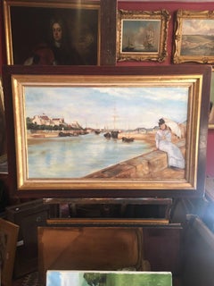 French Impressionist Harbour River Scene Lady Parasol Oil Painting Framed