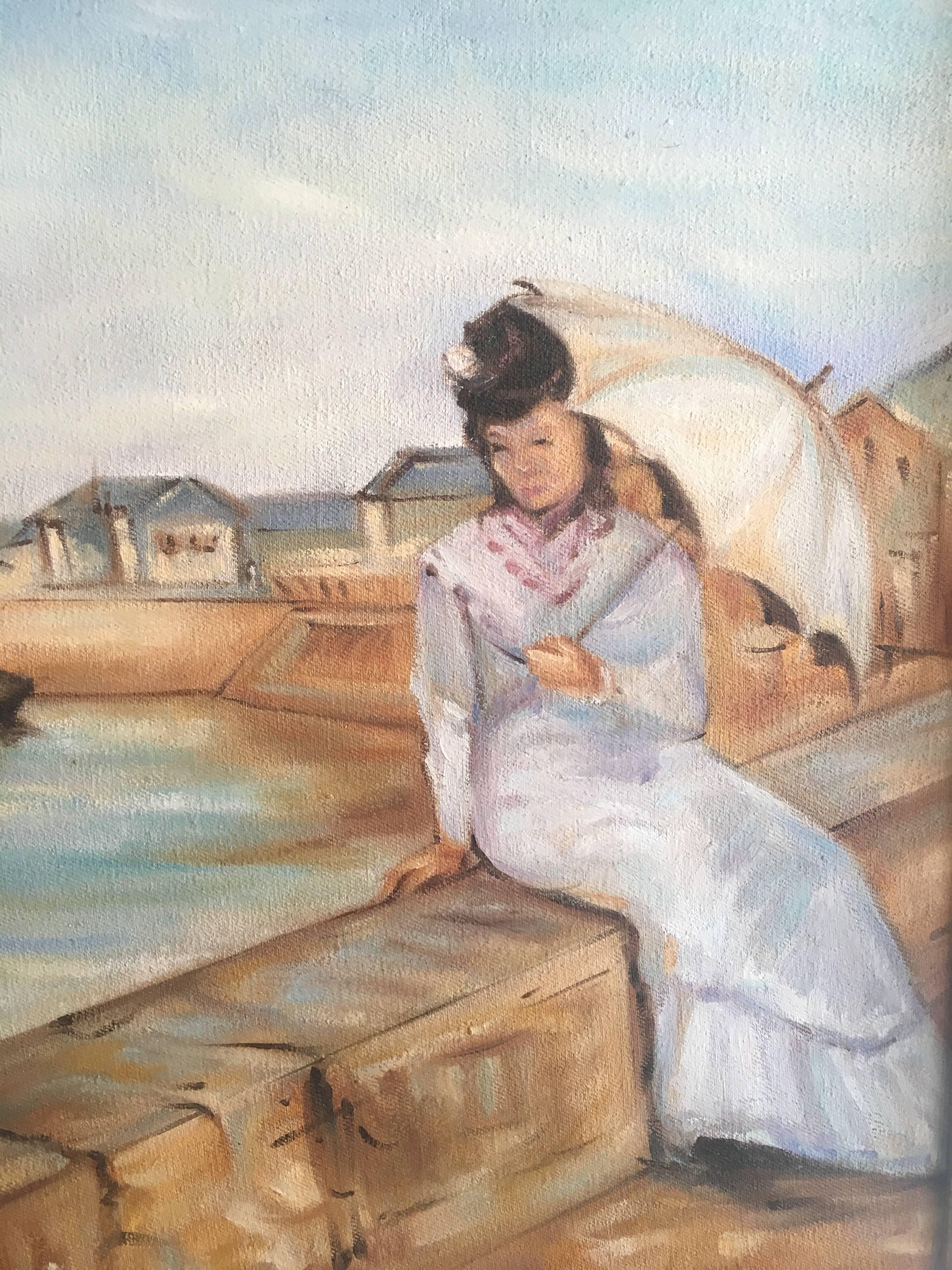 Großes Ölgemälde „Die elegante Dame am französischen Fluss“, Groß (Impressionismus), Painting, von Unknown