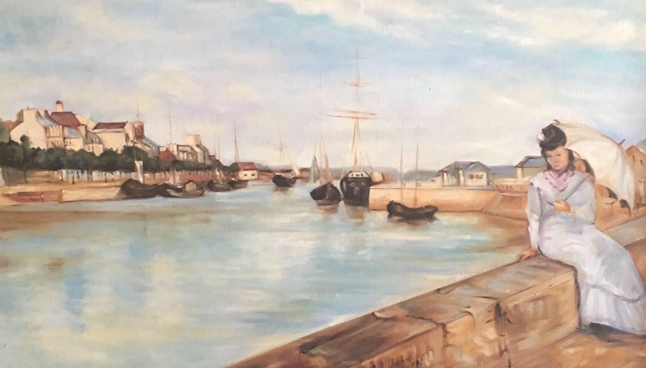 Großes Ölgemälde „Die elegante Dame am französischen Fluss“, Groß