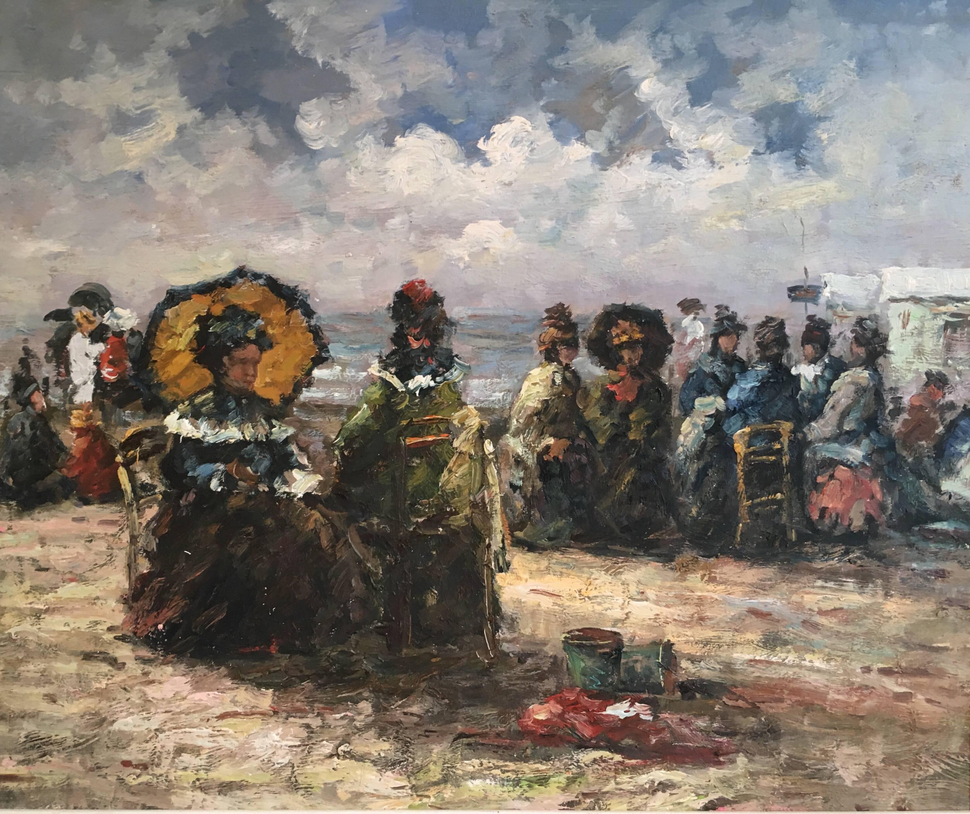 Unknown Landscape Painting - Elegant Seaside Scene, Impressionist Oil Painting
