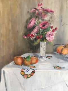 French Still Life Painting Pink Flowers Apples Table Oil on Canvas Signed 1987