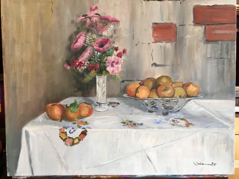 Elegant Still Life of Pink Flowers
French School, signed and dated
Signed and dated '87' by the artist on the lower right hand corner
Oil painting on canvas, unframed
Canvas size: 25.5 x 20 inches

Exquisite still life of a dressed table - with a