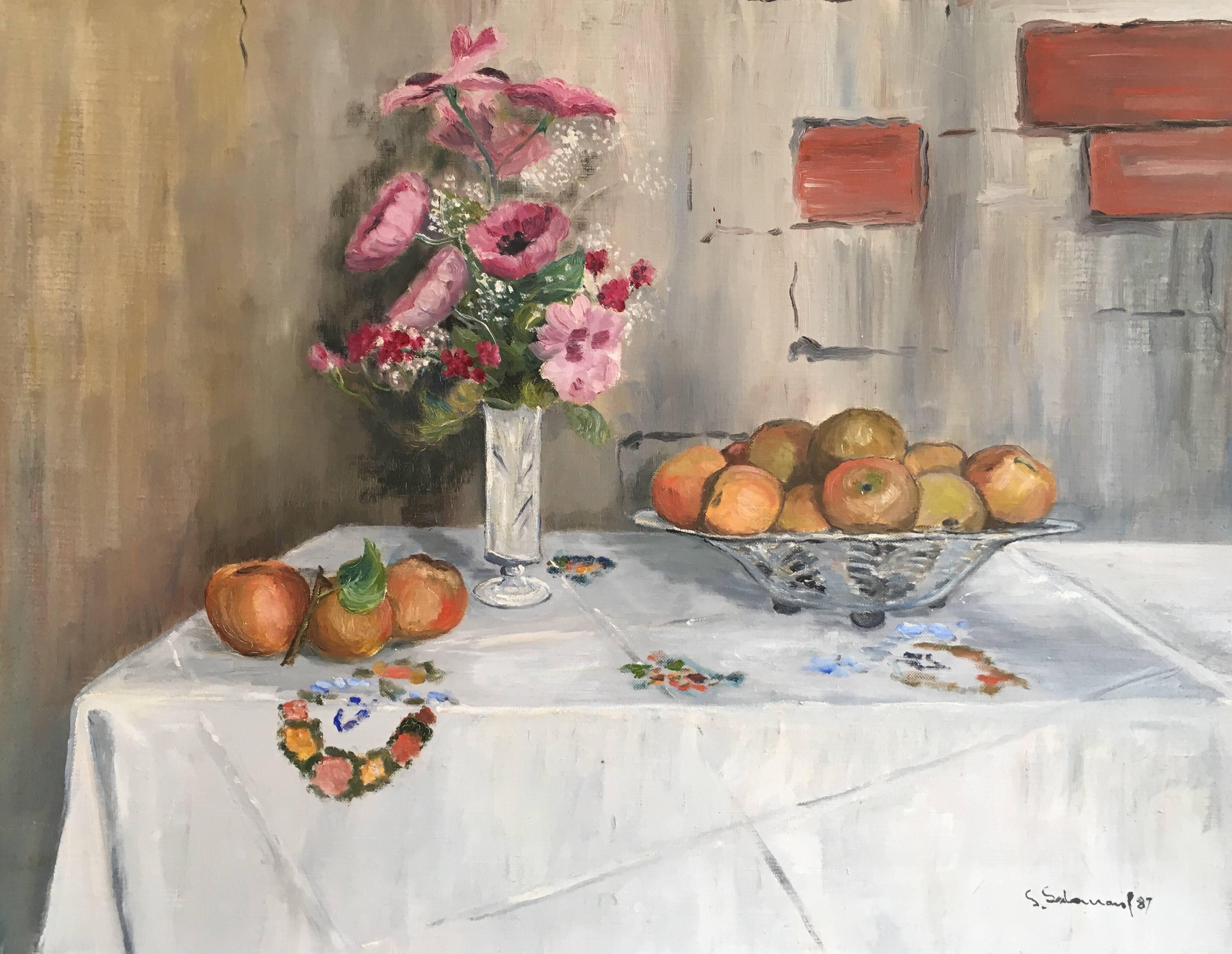 Unknown Still-Life Painting – Stillleben mit rosa Blumen im Stil von Rosa