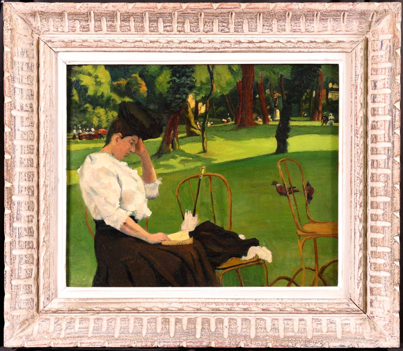 Elegante au Parc - French Impressionist School, Figure in Landscape  - Painting by Unknown