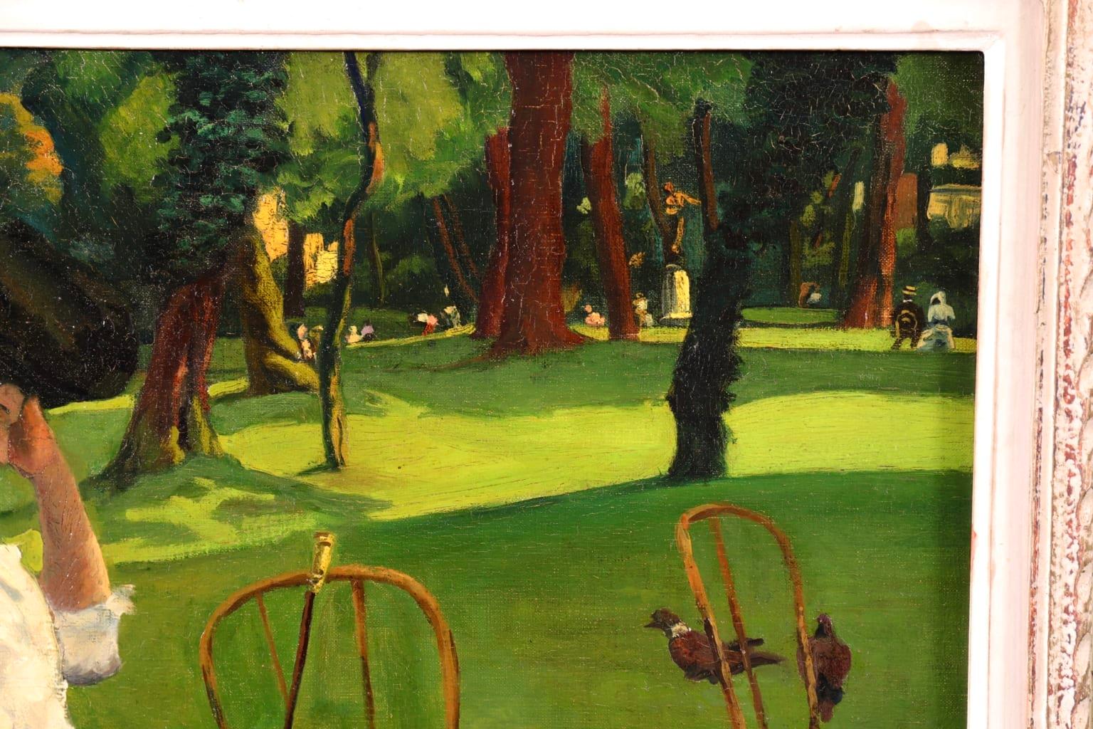 Elegante au Parc – Französische impressionistische Schule des Impressionismus, Figur in Landschaft  (Braun), Figurative Painting, von Unknown