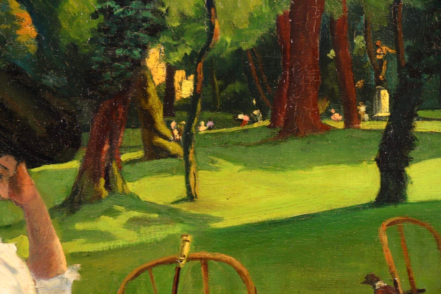 Élégante au Parc, école impressionniste française, figure dans le paysage  - Marron Figurative Painting par Unknown