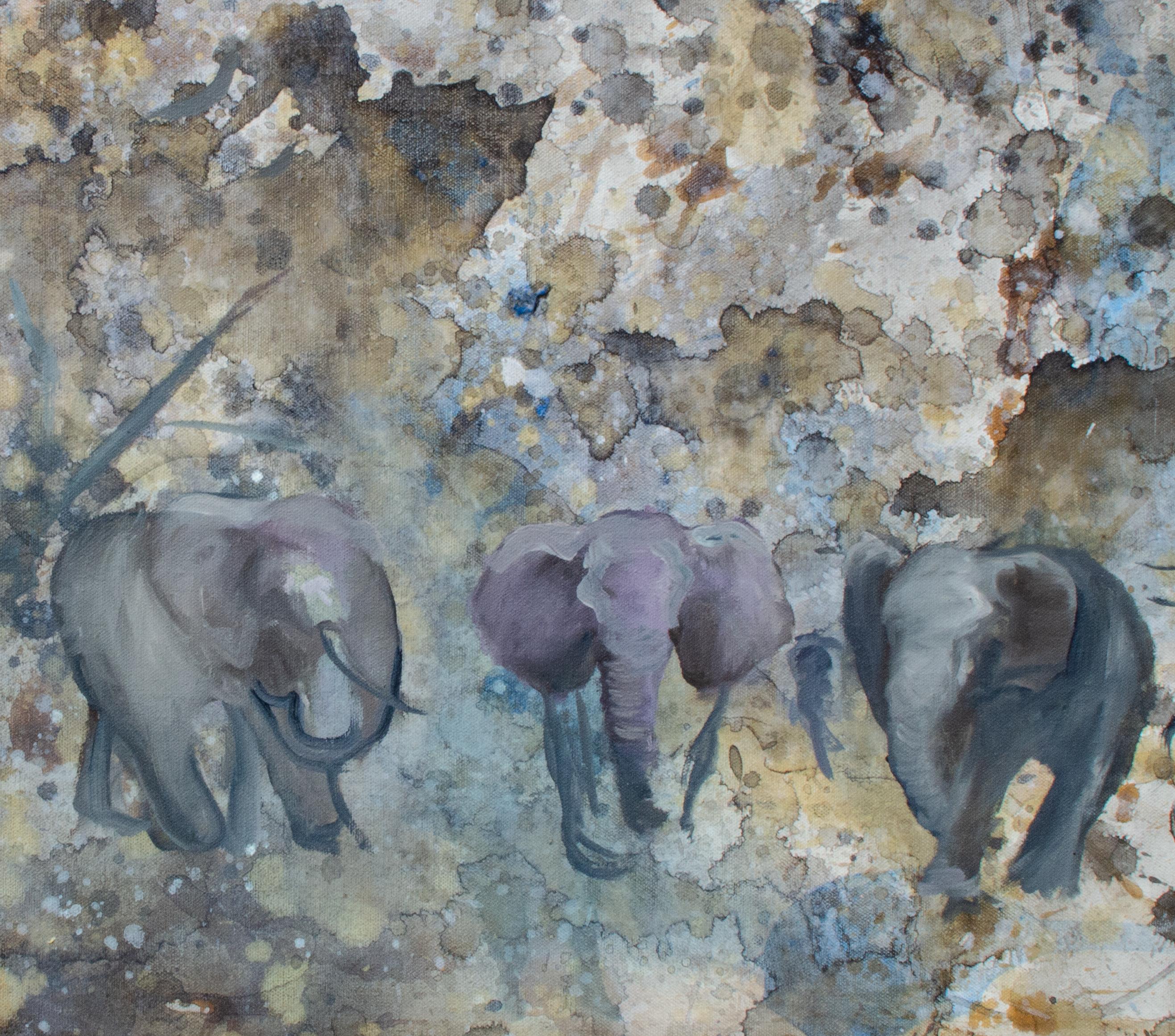 Elephants in Abstracted Landscape by Mystery Artist - Painting by Unknown