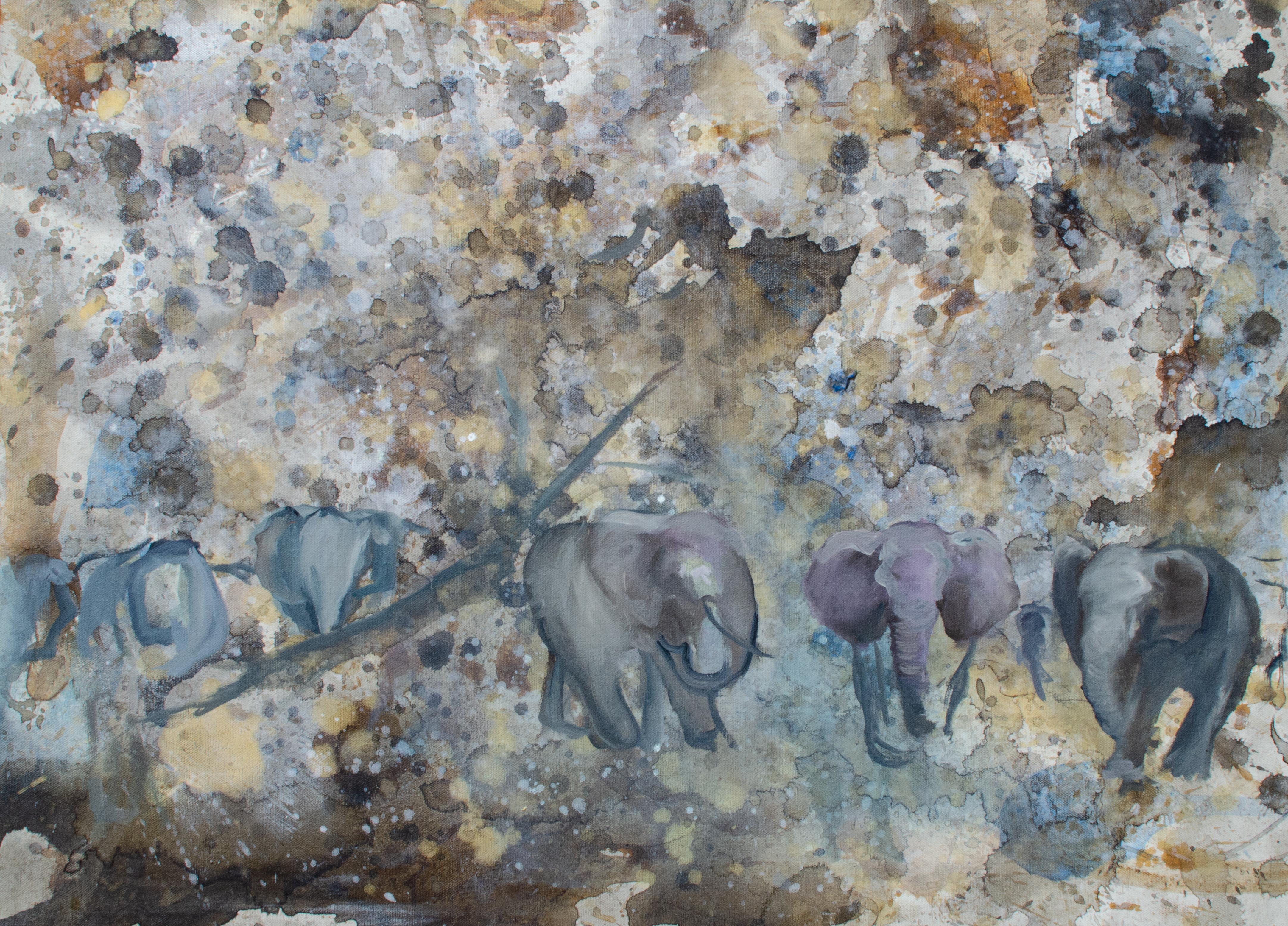 Elephants in Abstracted Landscape by Mystery Artist - Contemporary Painting by Unknown