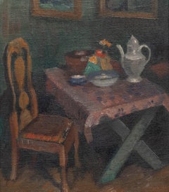 Elliot Kvalstad (1905-1938) - 1932, huile, scène d'intérieur, fleurs sur table