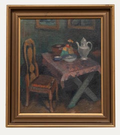 Elliot Kvalstad (1905-1938) - 1932, huile, scène d'intérieur, fleurs sur table