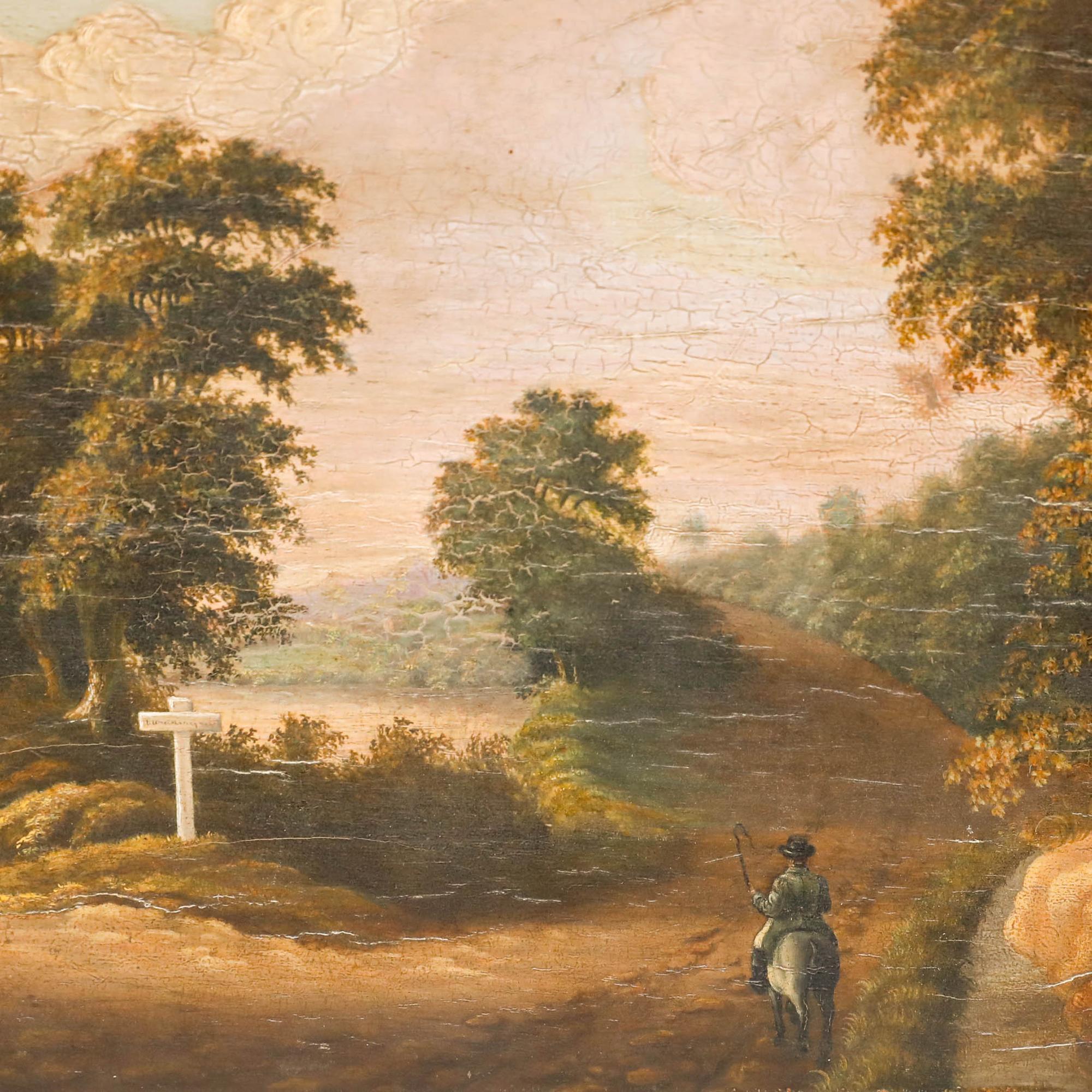 This fine 19th-century landscape portrays a traveller pausing at a fork in the road, contemplating his path before a signpost. The scene is rendered with delicate brushwork, exhibiting a subtle touch of naivety that adds to its charm. Inscribed to