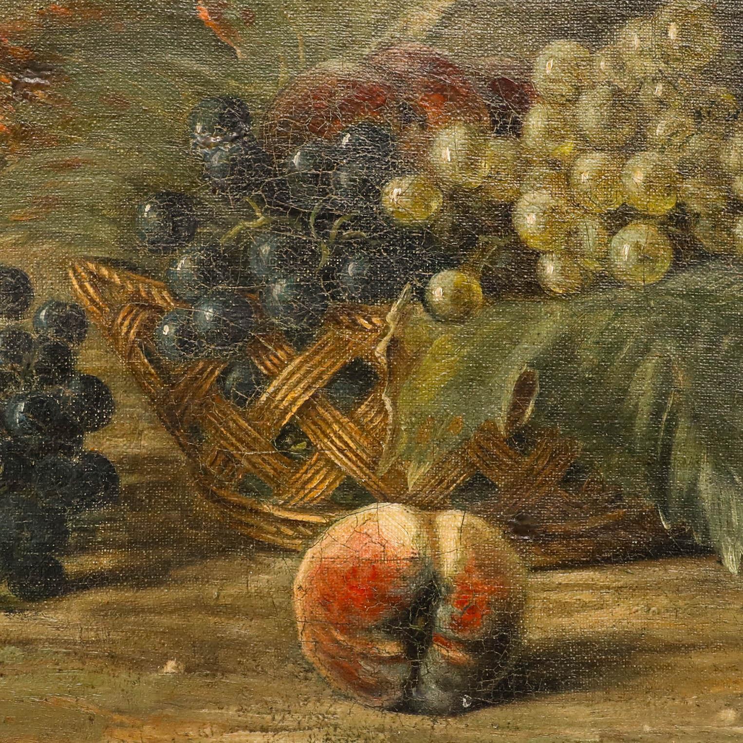 This classical still life painting by Eloi Fouche (1854-1918) depicts an abundant arrangement of peaches and grapes in a plaited basket, beautifully rendered against a subdued background. The composition demonstrates traditional still life