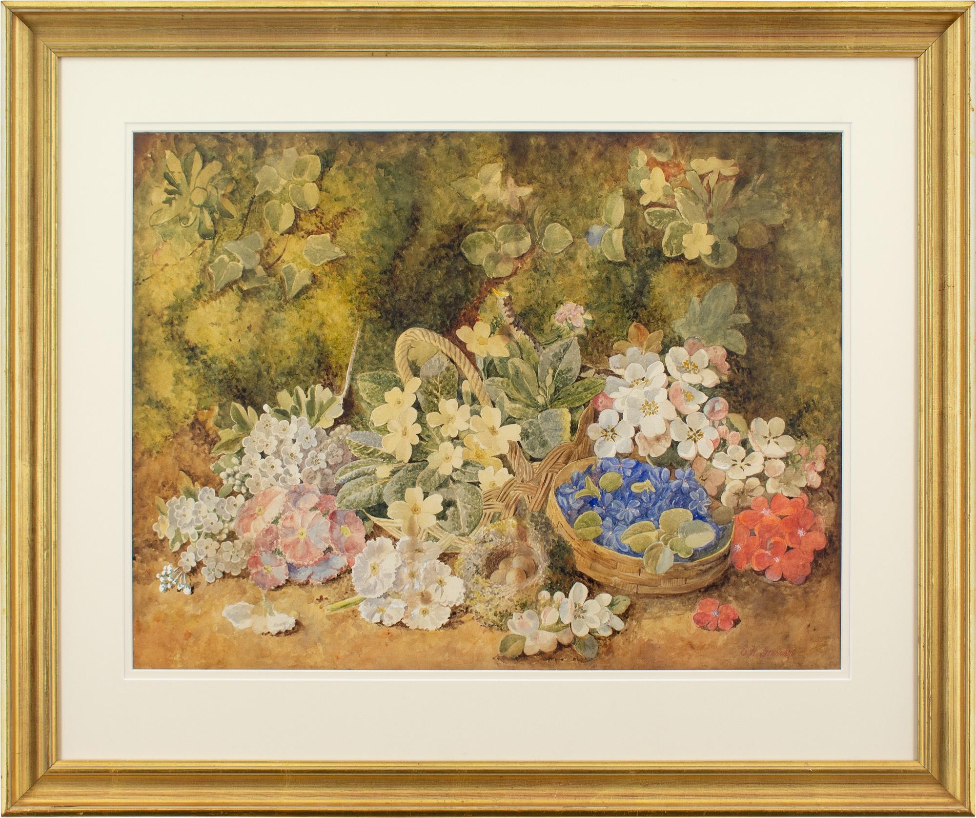Still-Life Painting Unknown - Eloise Harriet Stannard (Follower), Nature morte avec nid d'oiseau et fleur
