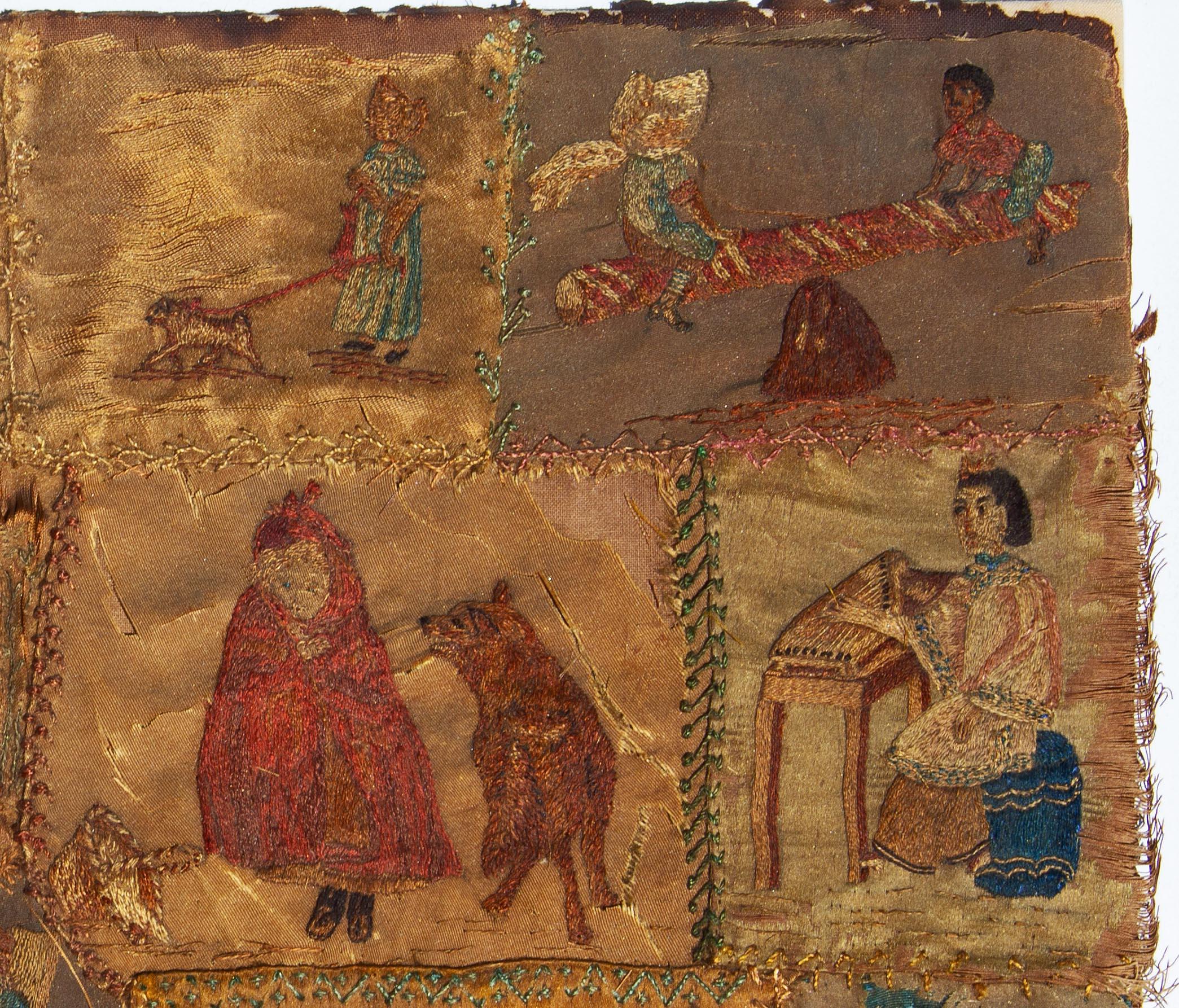 Arte popolare in seta ricamata raffigurante un bambino nero e Cappuccetto Rosso  18° secolo - Painting di Unknown