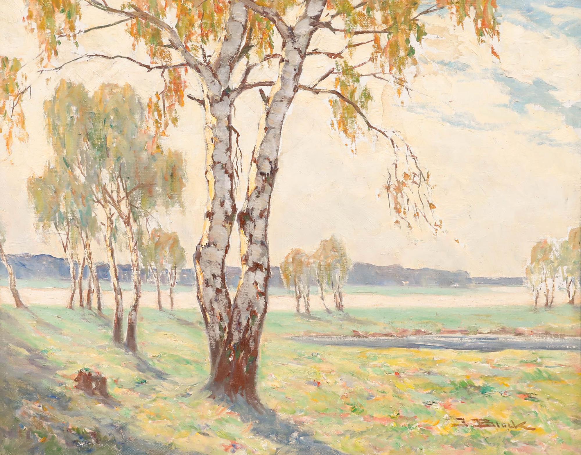 Emil Block (1884-1966) - Olio della metà del XIX secolo, Alberi di betulle al sole del mattino - Painting di Unknown