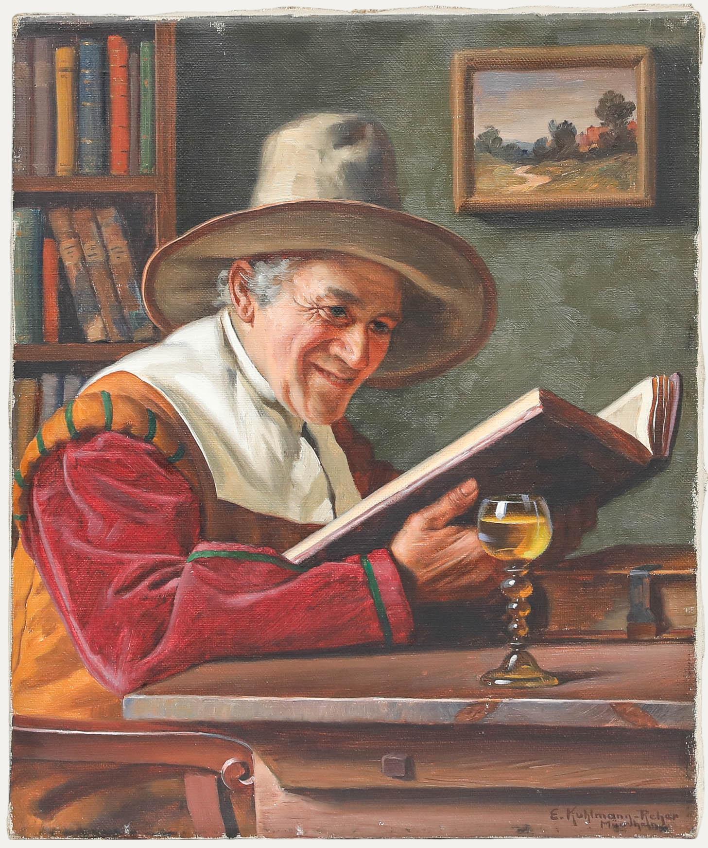 Portrait Painting di Unknown - Emil Kuhlmann-Reher (1886-1957) - Olio tedesco della metà del XX secolo, Uomo con libro