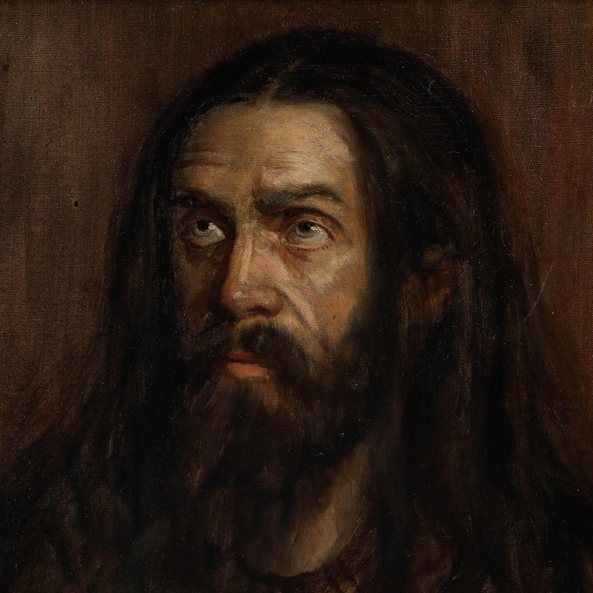 Un portrait à l'huile saisissant du peintre allemand Emil Stratmann (1890-1974), représentant un homme barbu aux longs cheveux noirs. En quelques coups de pinceau prudents, Emil maîtrise les traits du visage et l'émotion brute du modèle. Le portrait